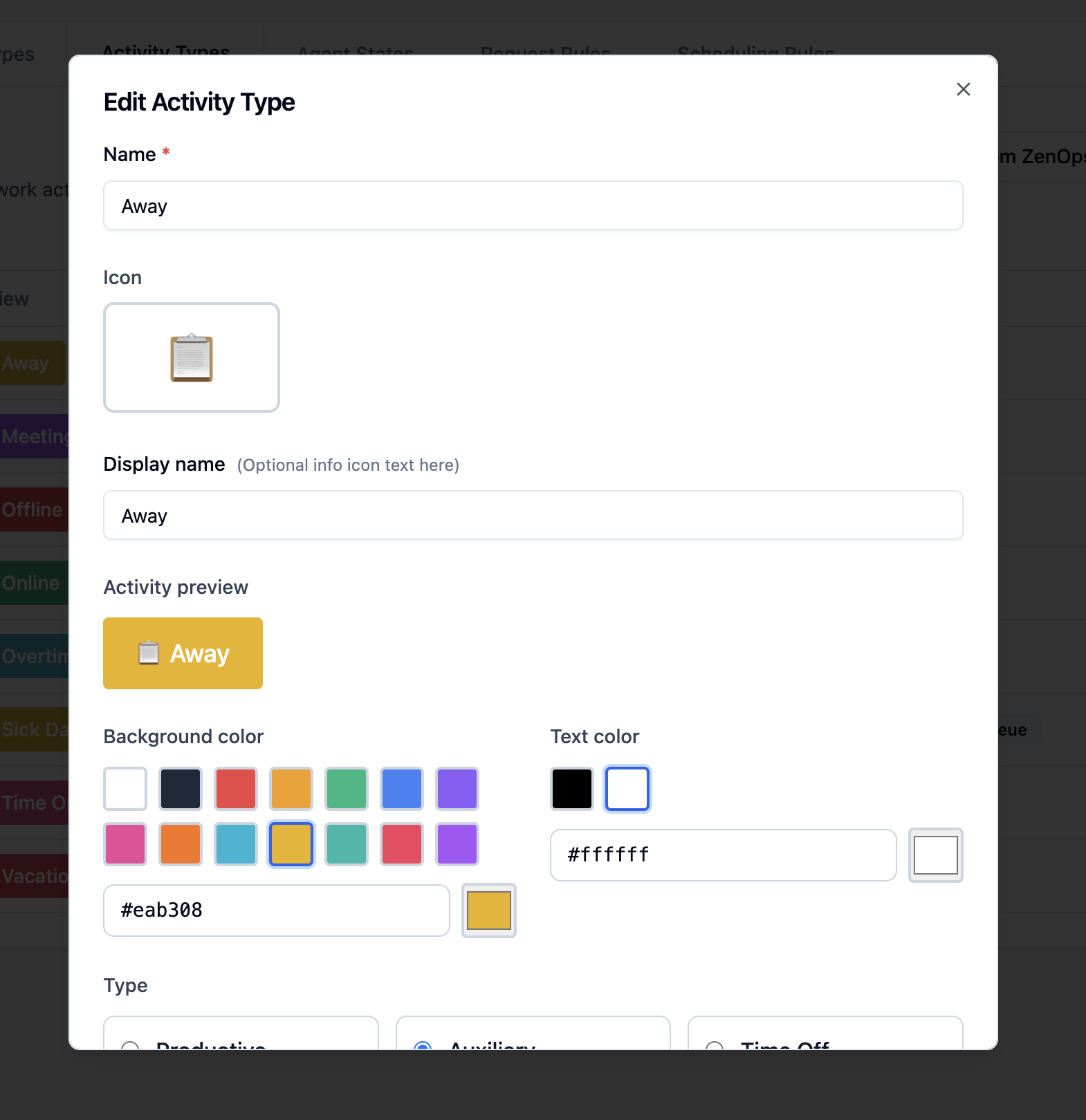 Edit Activity Type dialog for the Away activity, showing its name, icon, display name, preview color, and category selector.