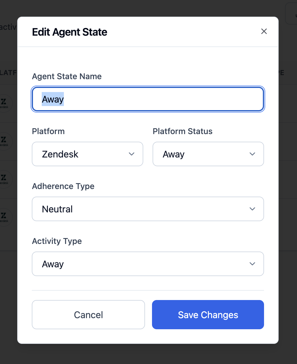 Edit Agent State form with fields for agent state name, platform, platform status, adherence type, and activity type.