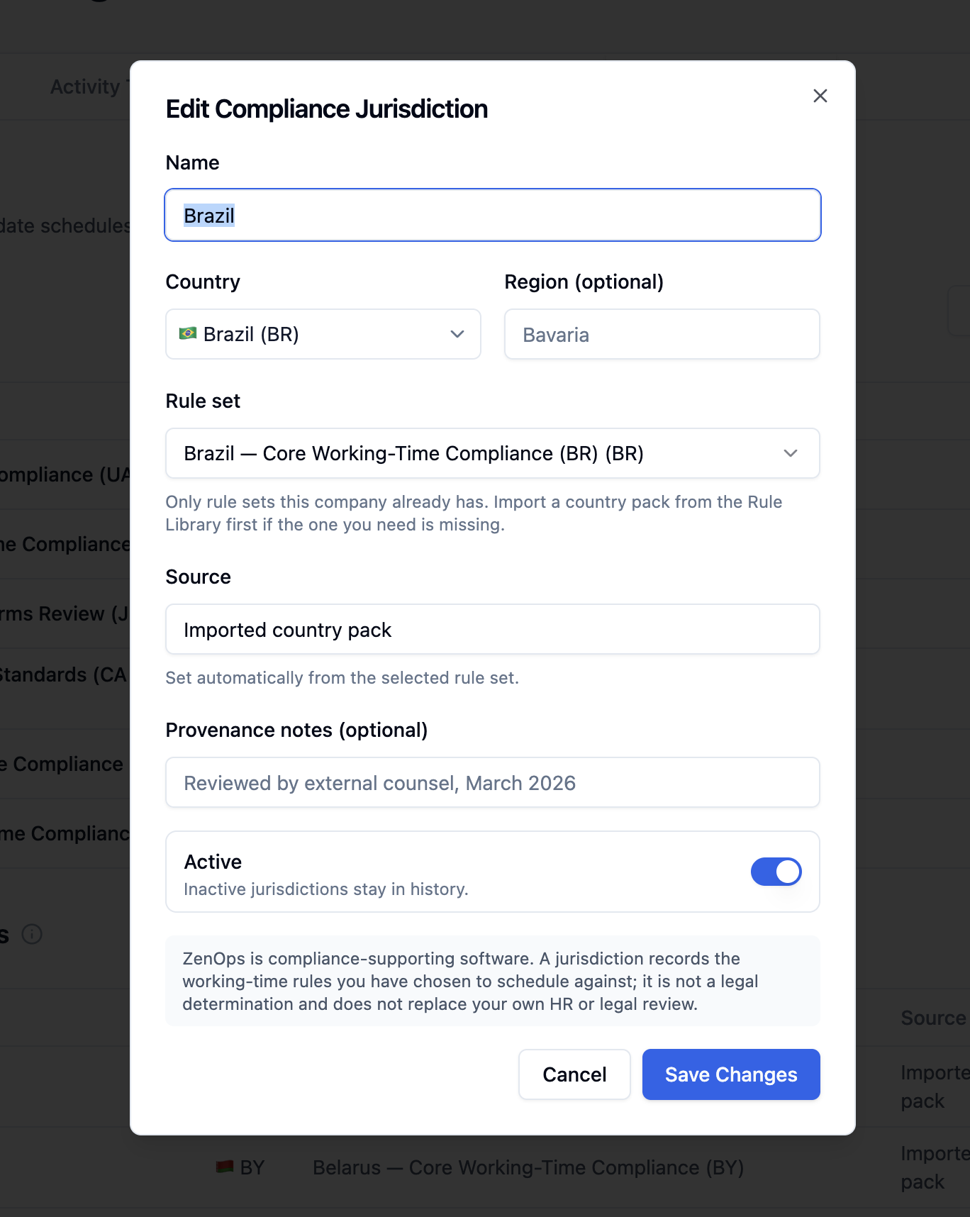 Edit Compliance Jurisdiction form with country and optional region, selected rule set, source, provenance notes, active status, and a compliance-support notice.