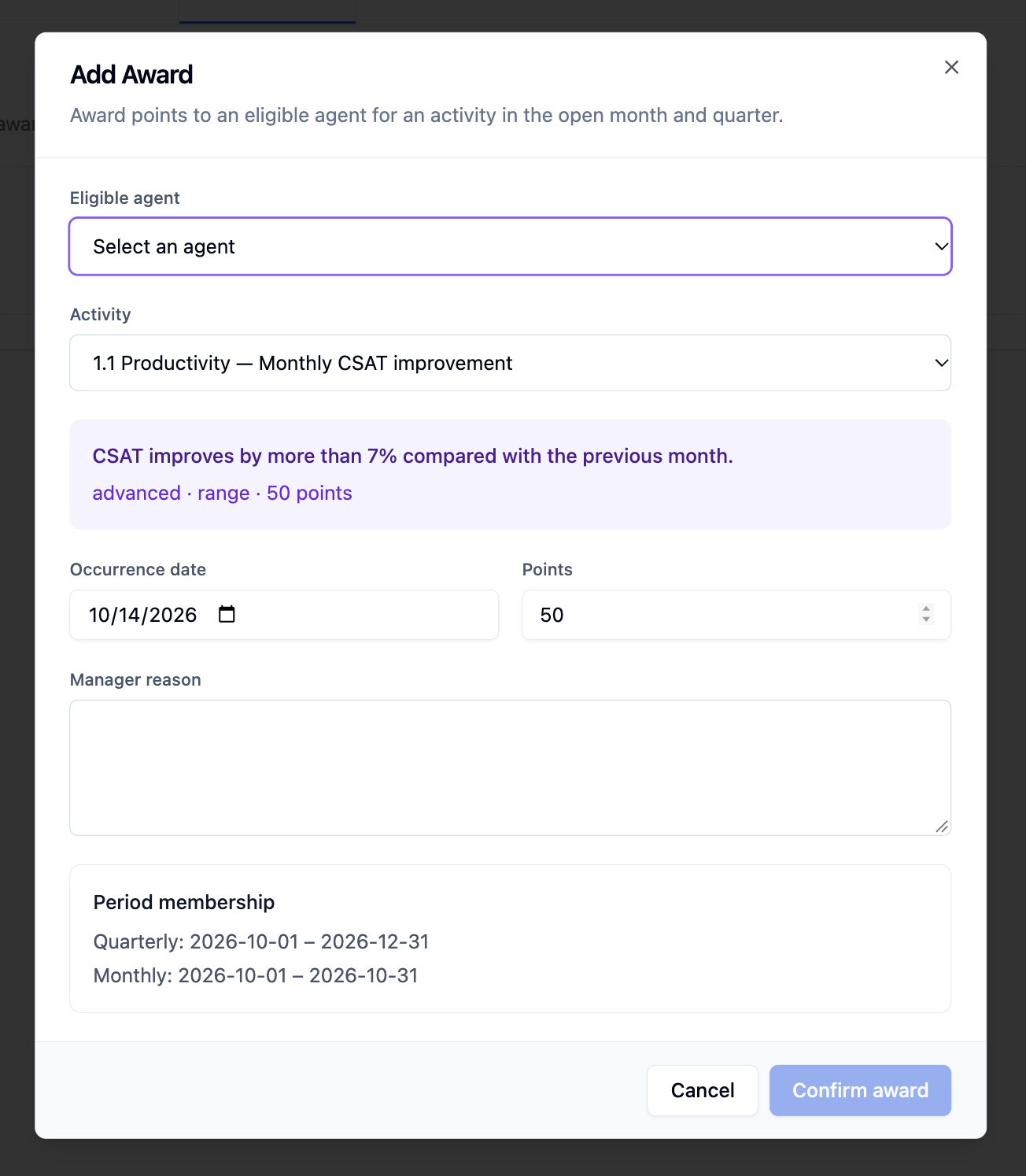 Add Award dialog with the eligible agent left unselected, a configured activity and points, an occurrence date, a manager reason field, and period membership details.