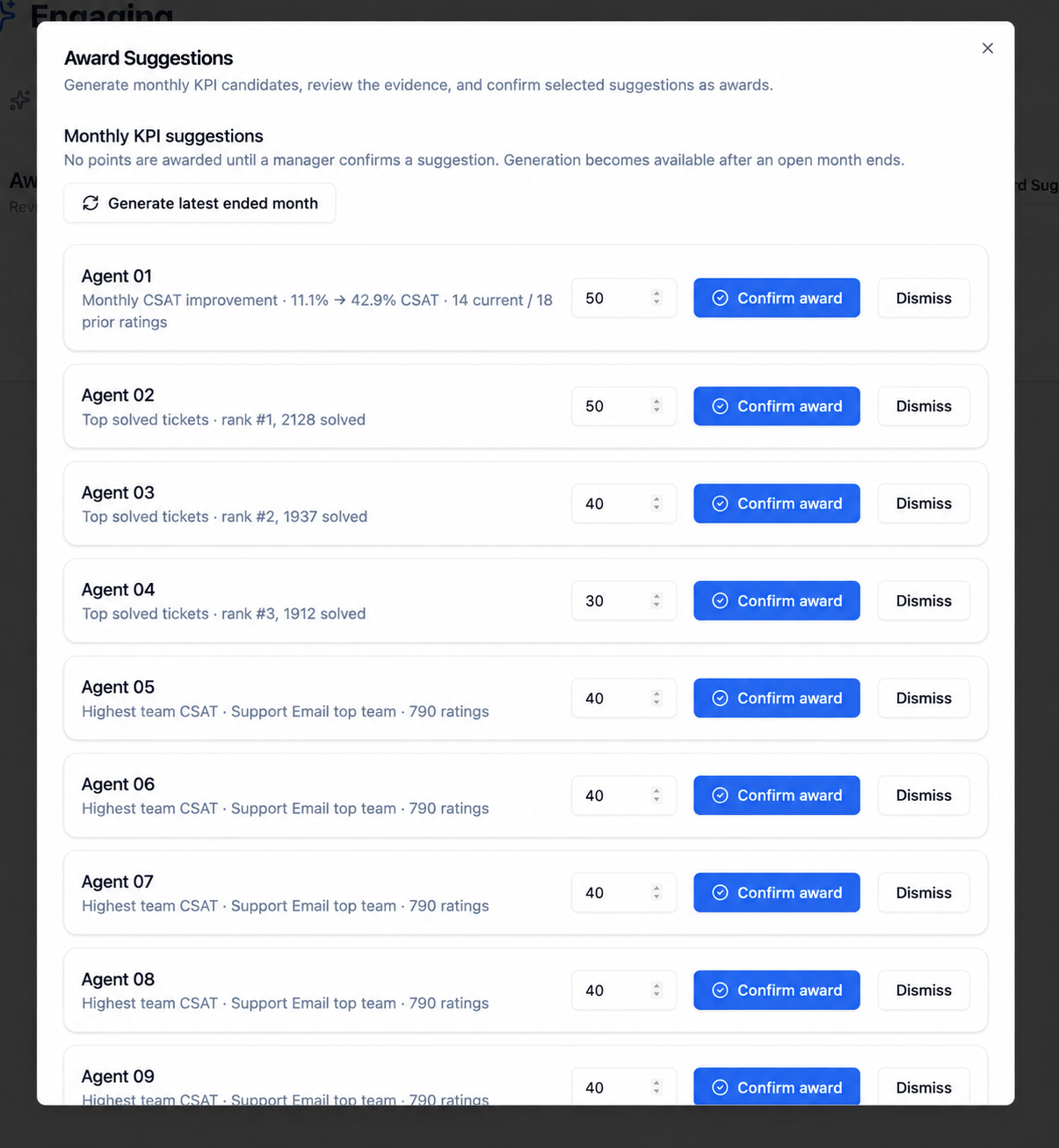 Award Suggestions dialog with nine candidate cards labeled Agent 01 through Agent 09, KPI evidence, suggested points, Confirm award buttons, and Dismiss buttons.