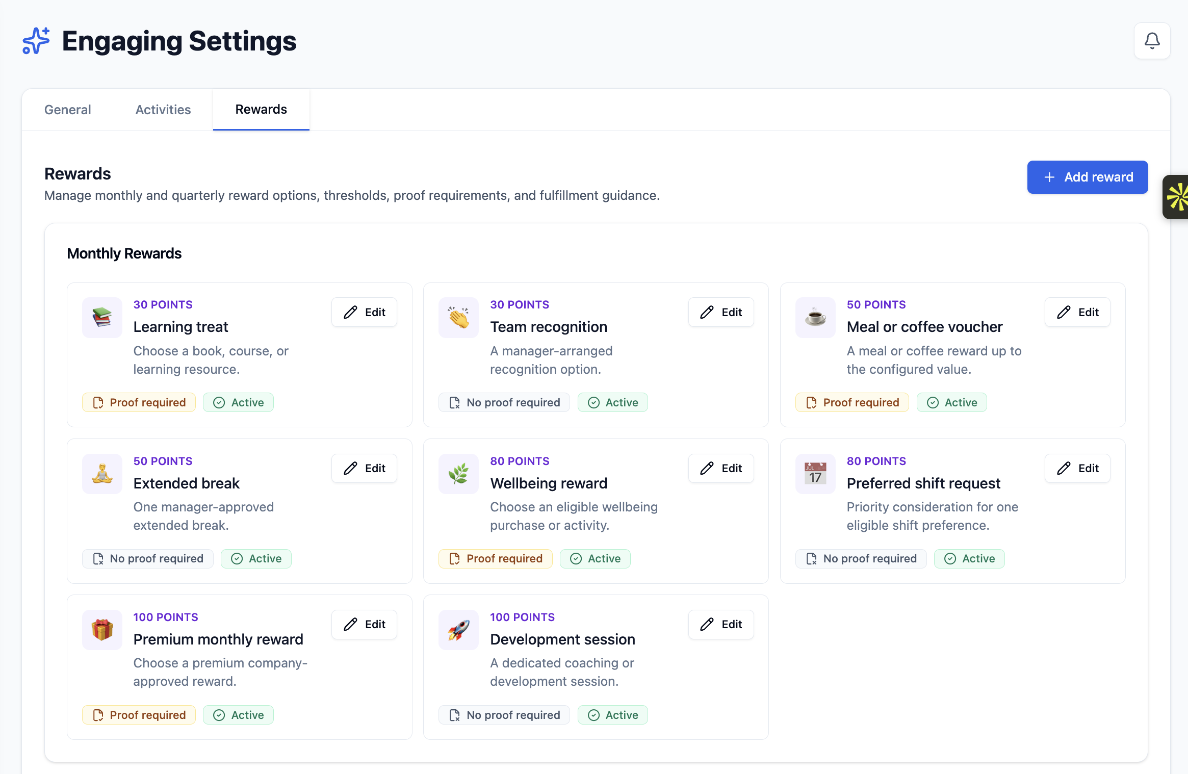 Engaging Settings Rewards tab showing example monthly reward options, point thresholds, descriptions, proof requirements, and active status.