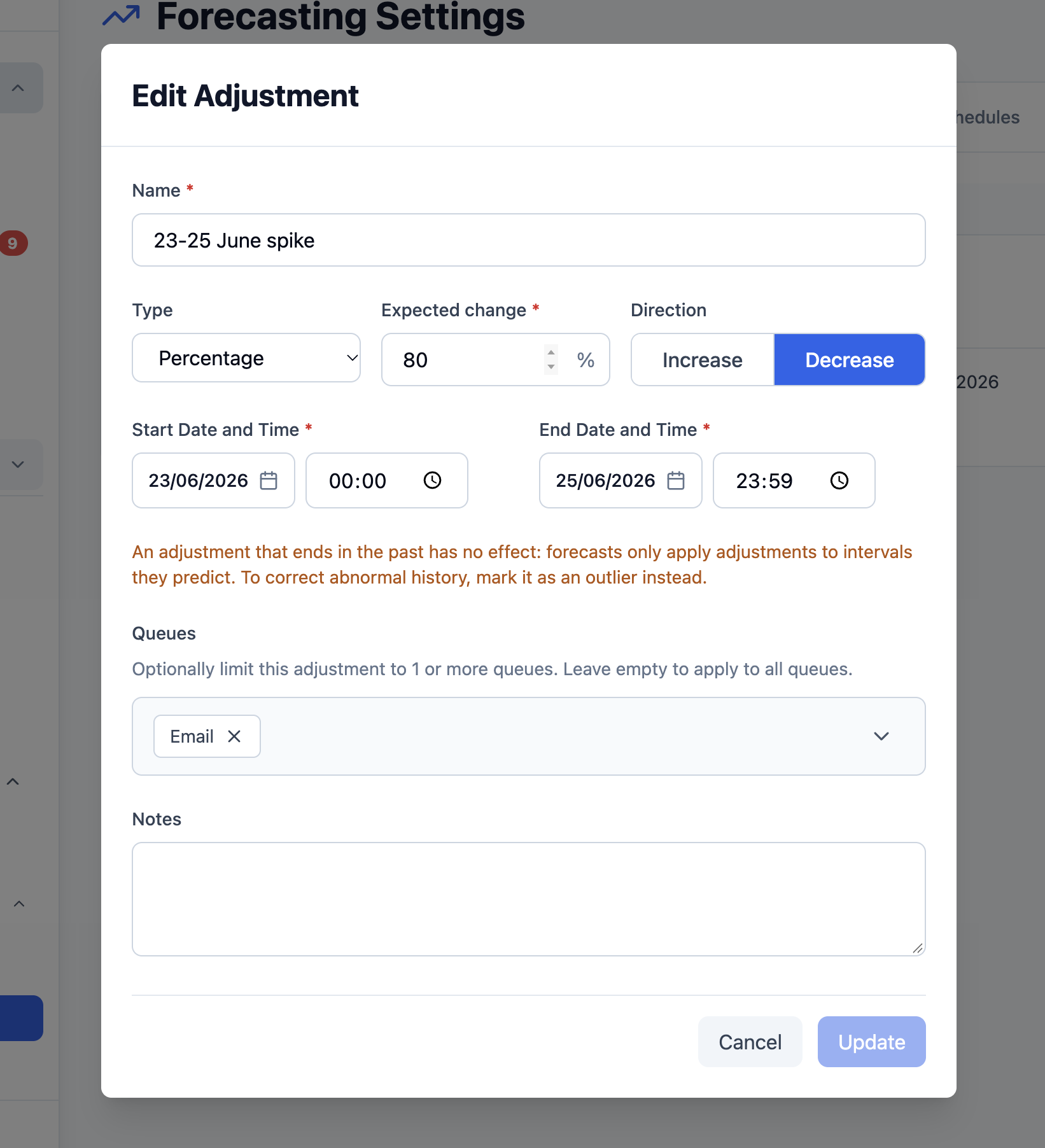 Edit Adjustment form showing percentage type, 80 percent decrease, start and end dates and times, Email queue selection, and notes.