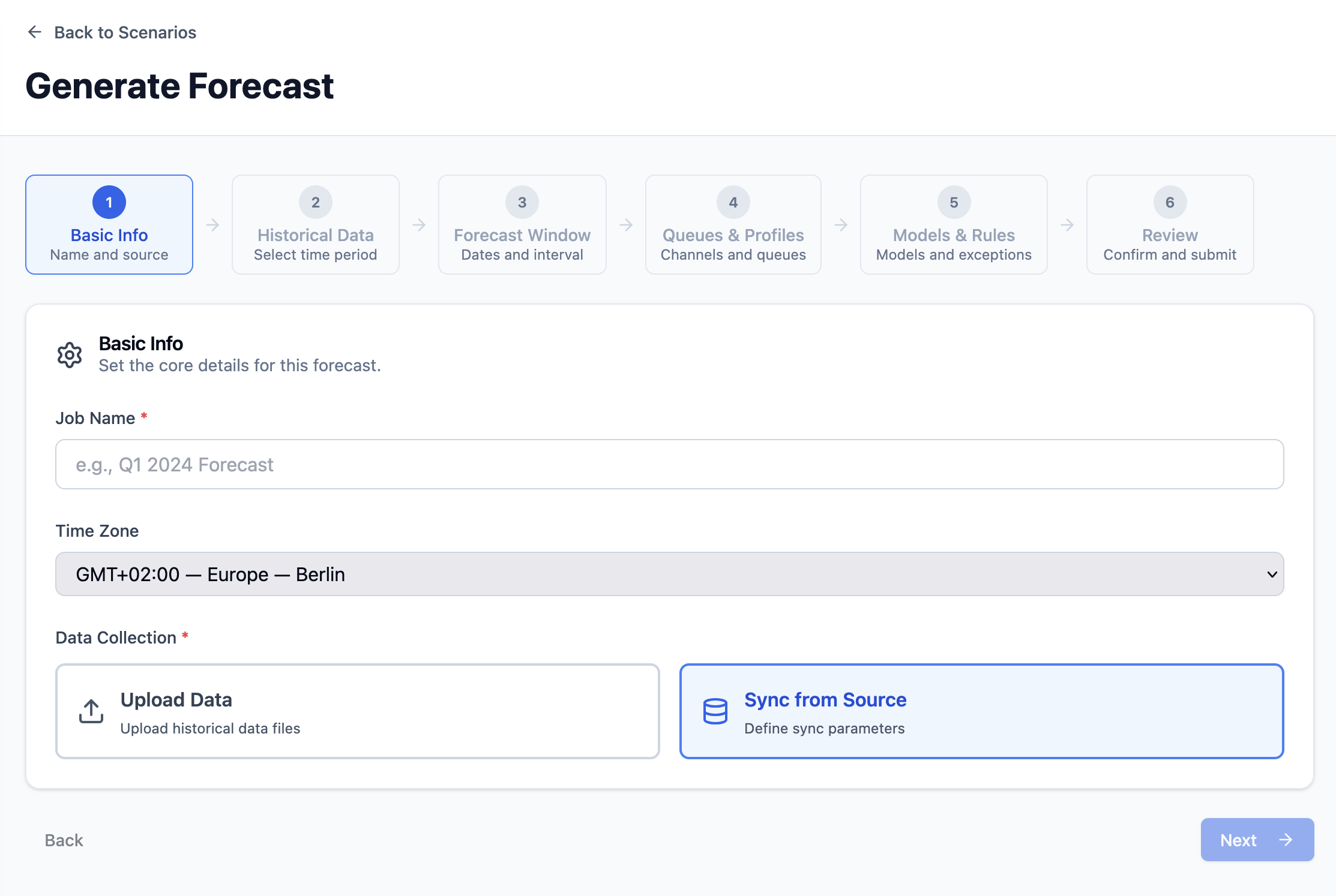 Generate Forecast wizard at Basic Info, showing the job name, Berlin timezone, and Sync from Source selected for data collection.