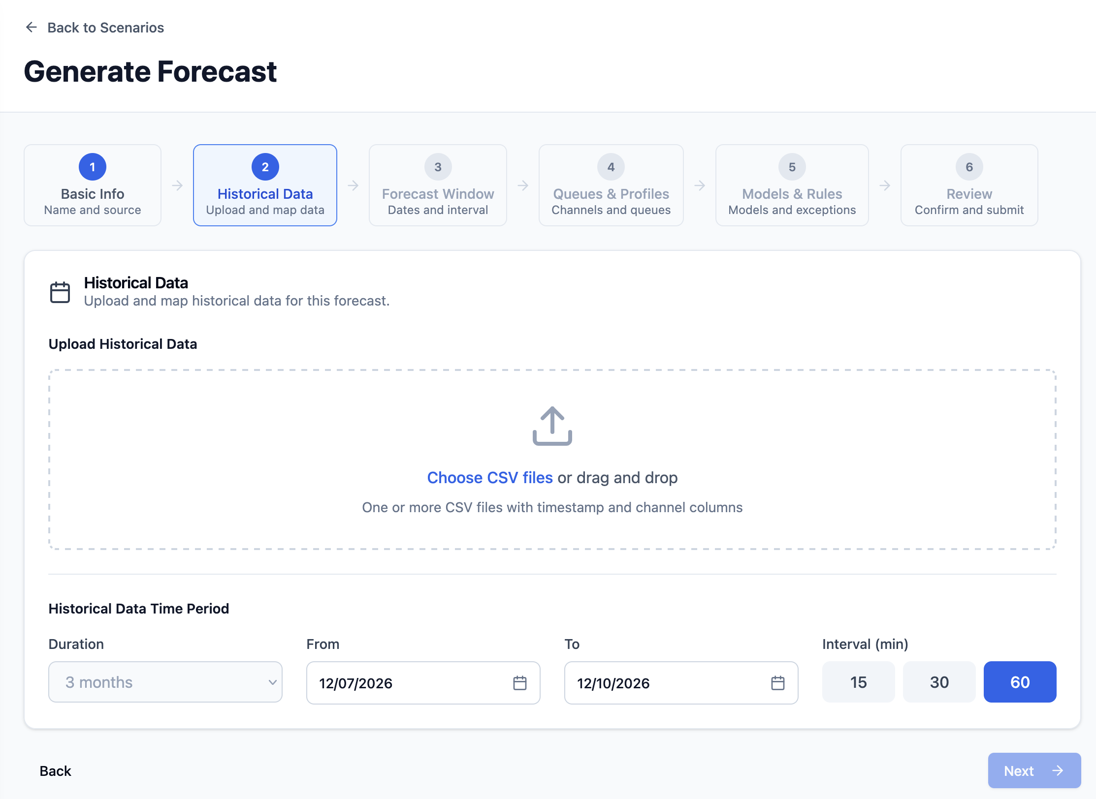 Generate Forecast wizard at Historical Data, showing a CSV upload area, historical data period, date range, and interval choices.