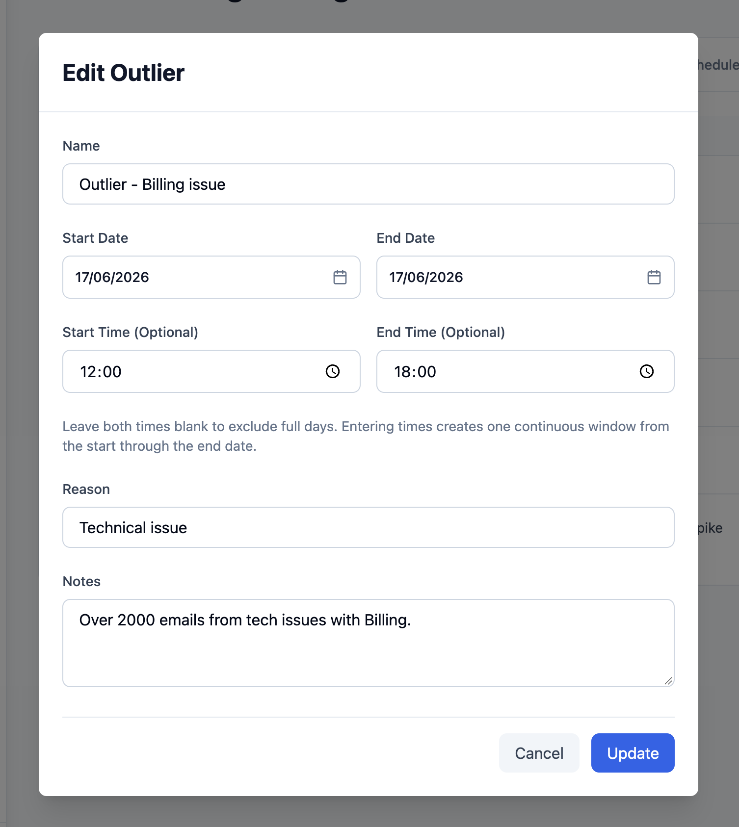 Edit Outlier form showing a billing issue on June 17, 2026 from 12:00 to 18:00, with a reason and notes.
