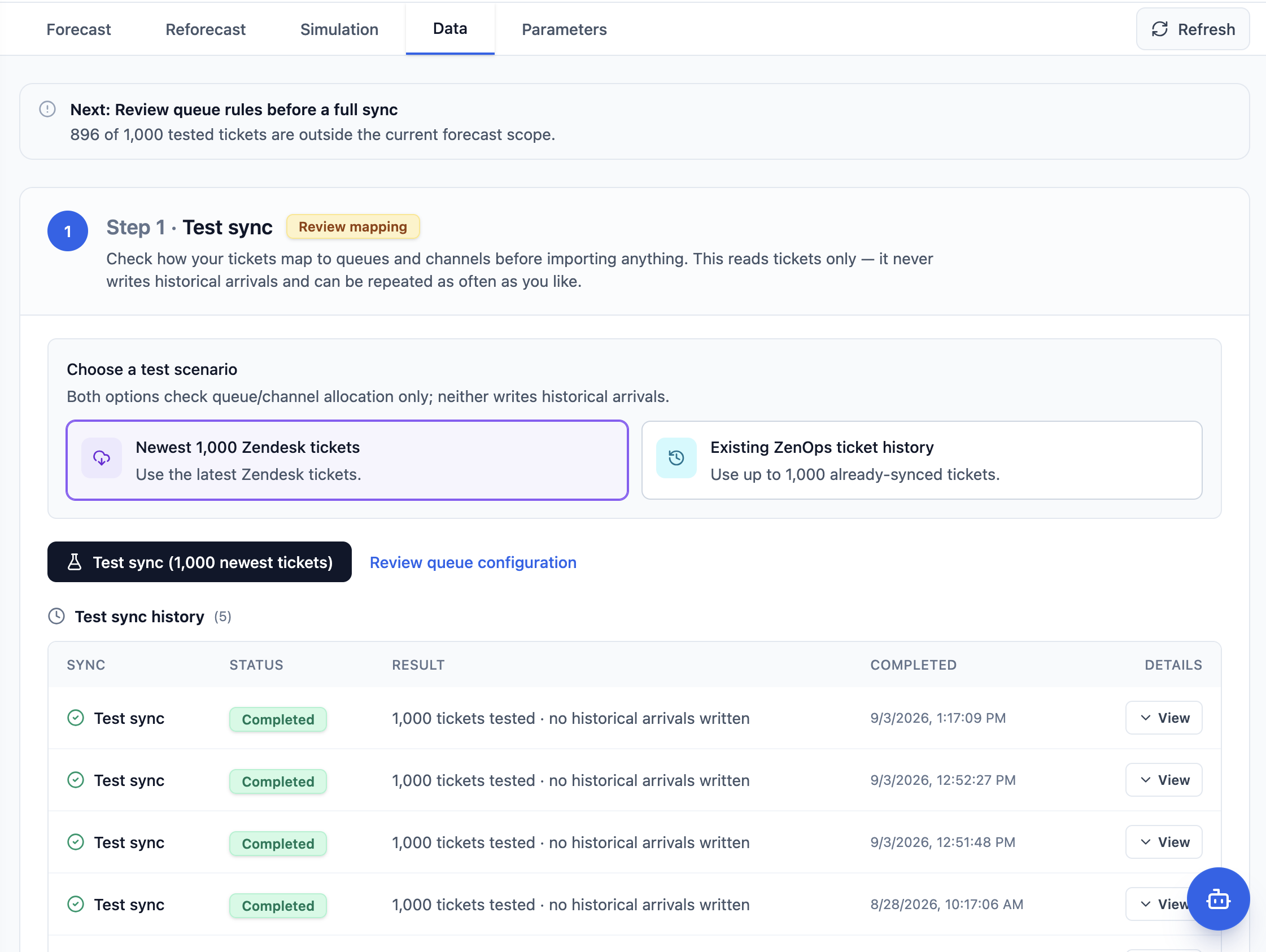 Forecast Data tab showing Test sync, a notice that 896 of 1,000 tested tickets are outside forecast scope, queue mapping choices, and completed test history.