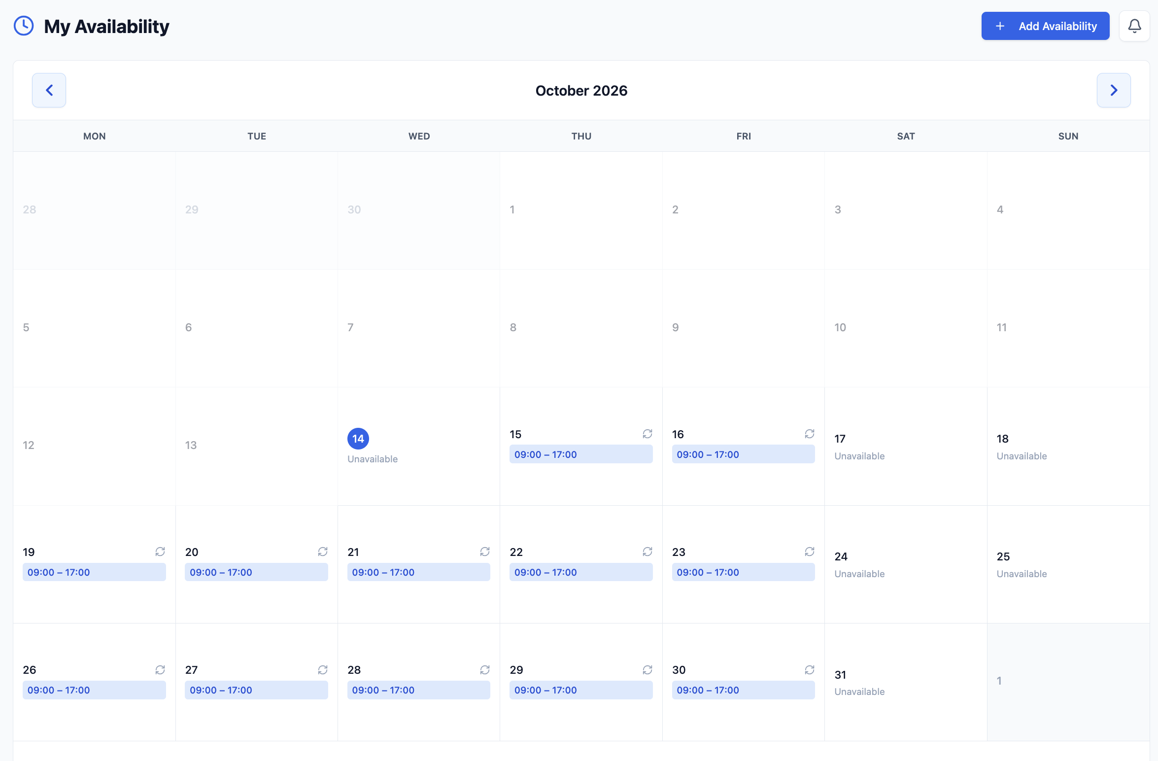 ZenOps WFM My Availability page showing the October 2026 calendar, Add Availability button, and availability time slots on selected weekdays.