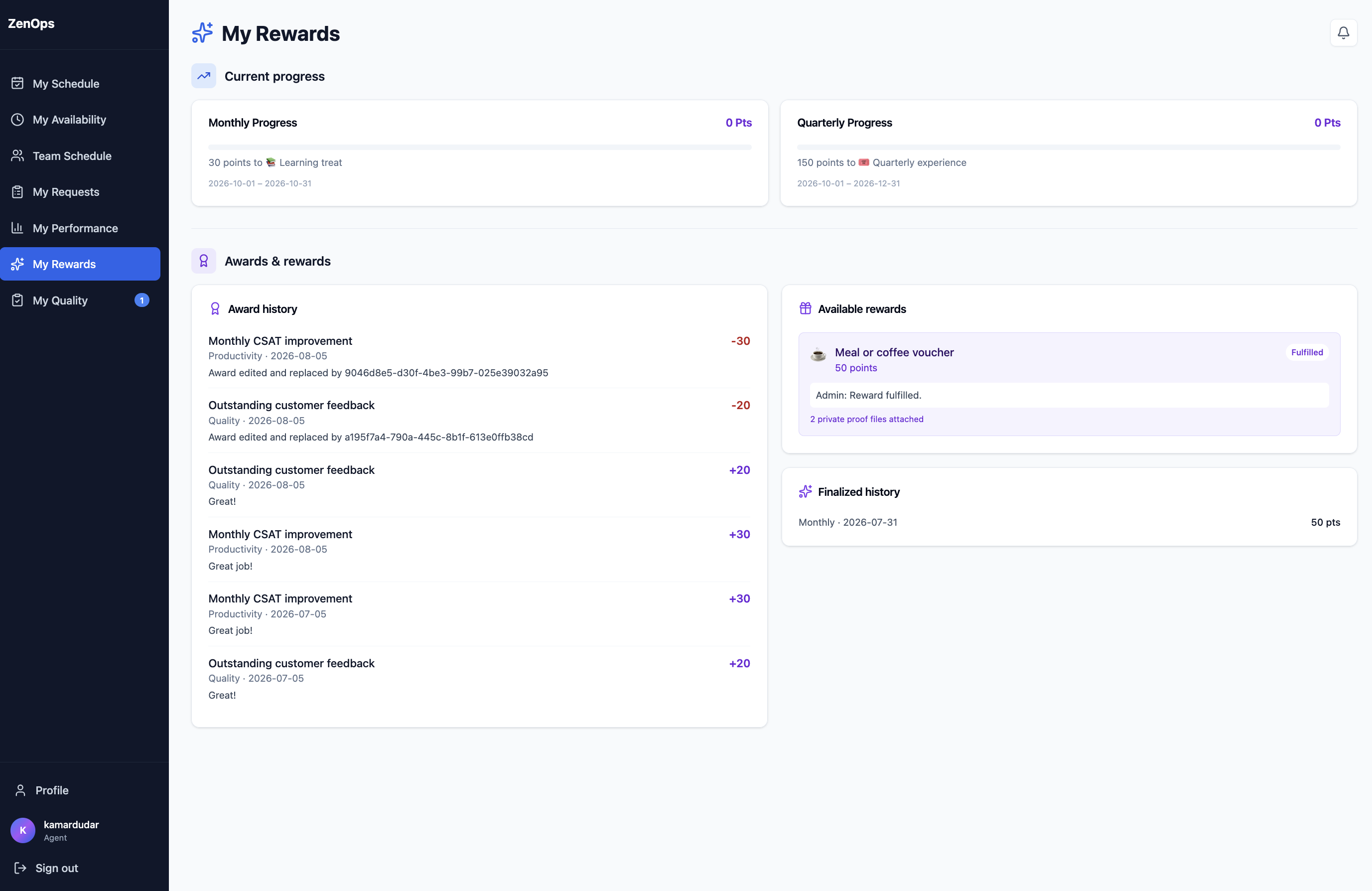 My Rewards agent page showing monthly and quarterly progress, award history, an available reward with its claim status, and finalized history.