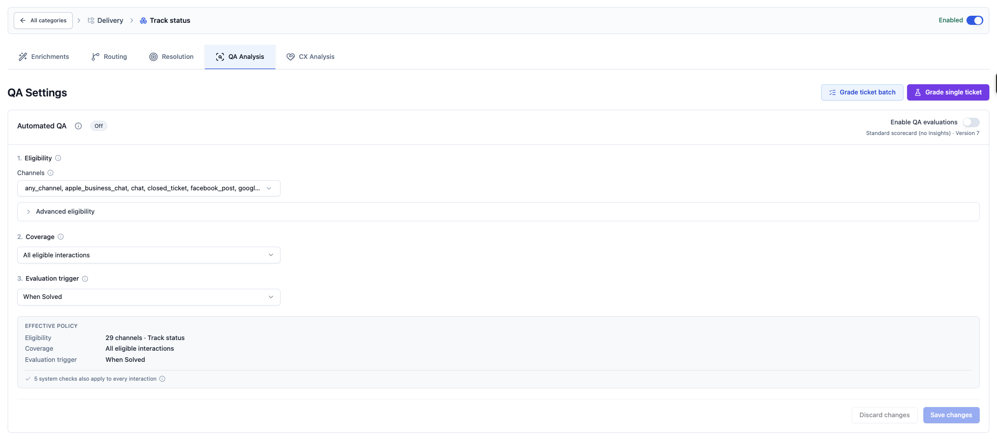QA Analysis settings for the Delivery · Track status category, showing Automated QA eligibility, coverage, evaluation trigger, effective policy summary, and Save changes control.