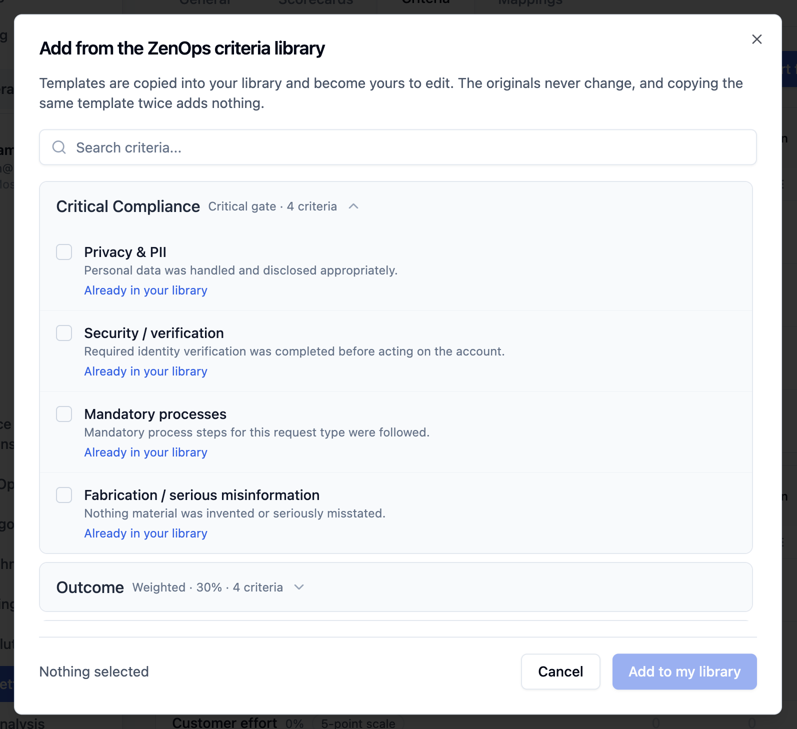 Add from the ZenOps criteria library dialog with a criteria search field, Critical Compliance templates, already-in-library labels, and an Add to my library button.