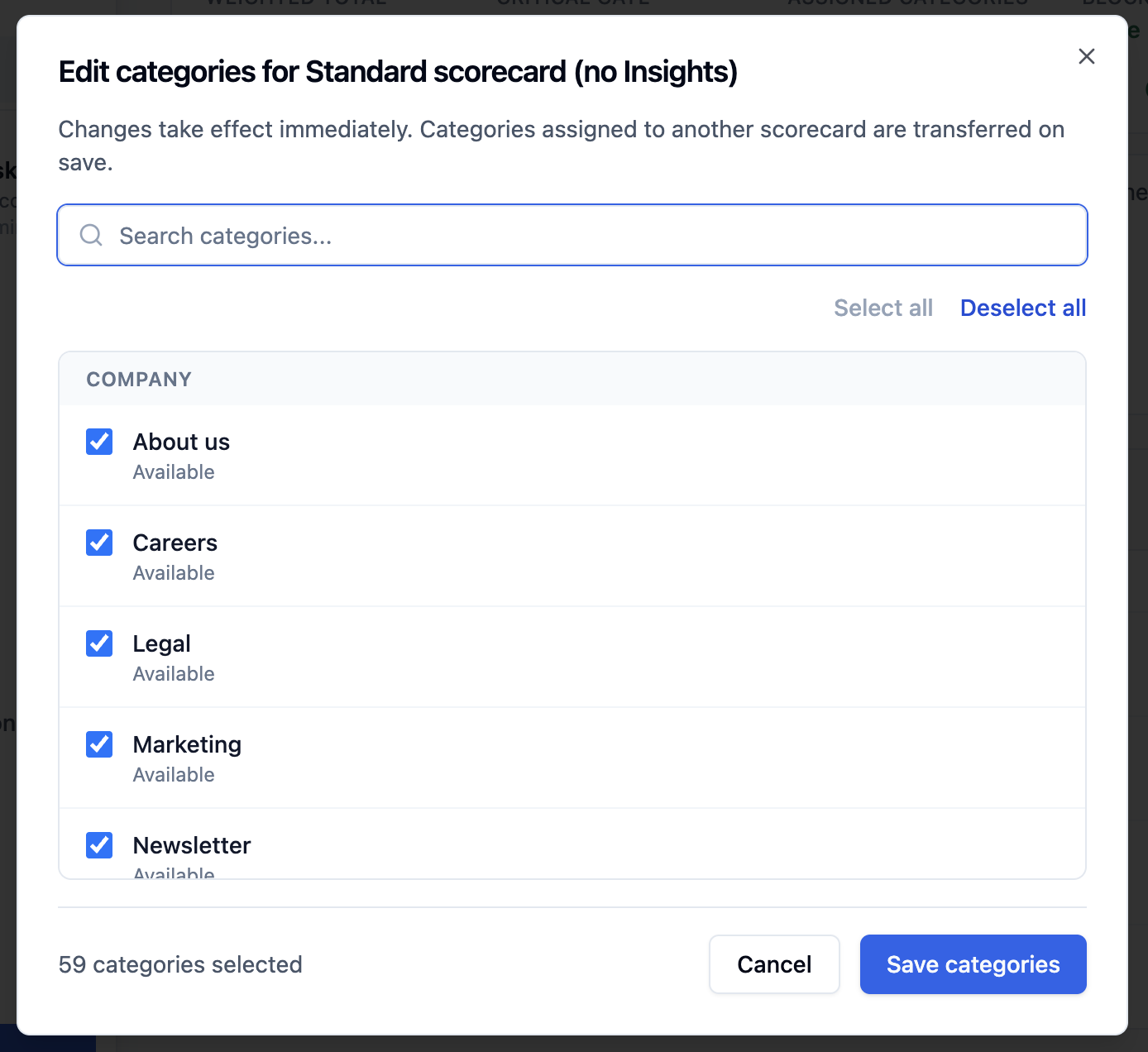 Edit categories dialog for a scorecard with search, select all and deselect all controls, selected Company categories, and a Save categories button.