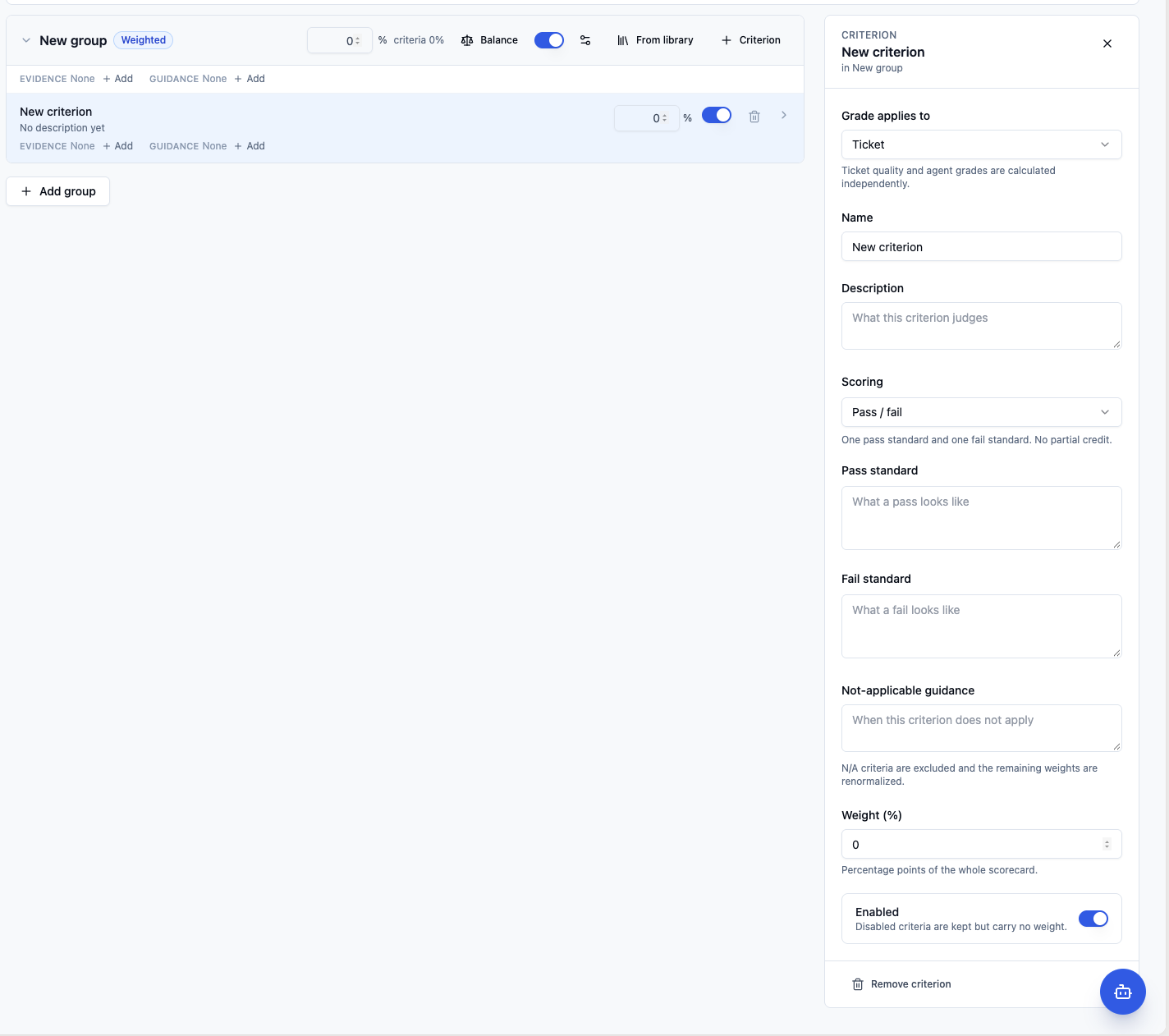 Scorecard editor with a new criterion selected and its settings panel showing grade target, name, description, scoring, pass and fail standards, not-applicable guidance, weight, and enabled status.