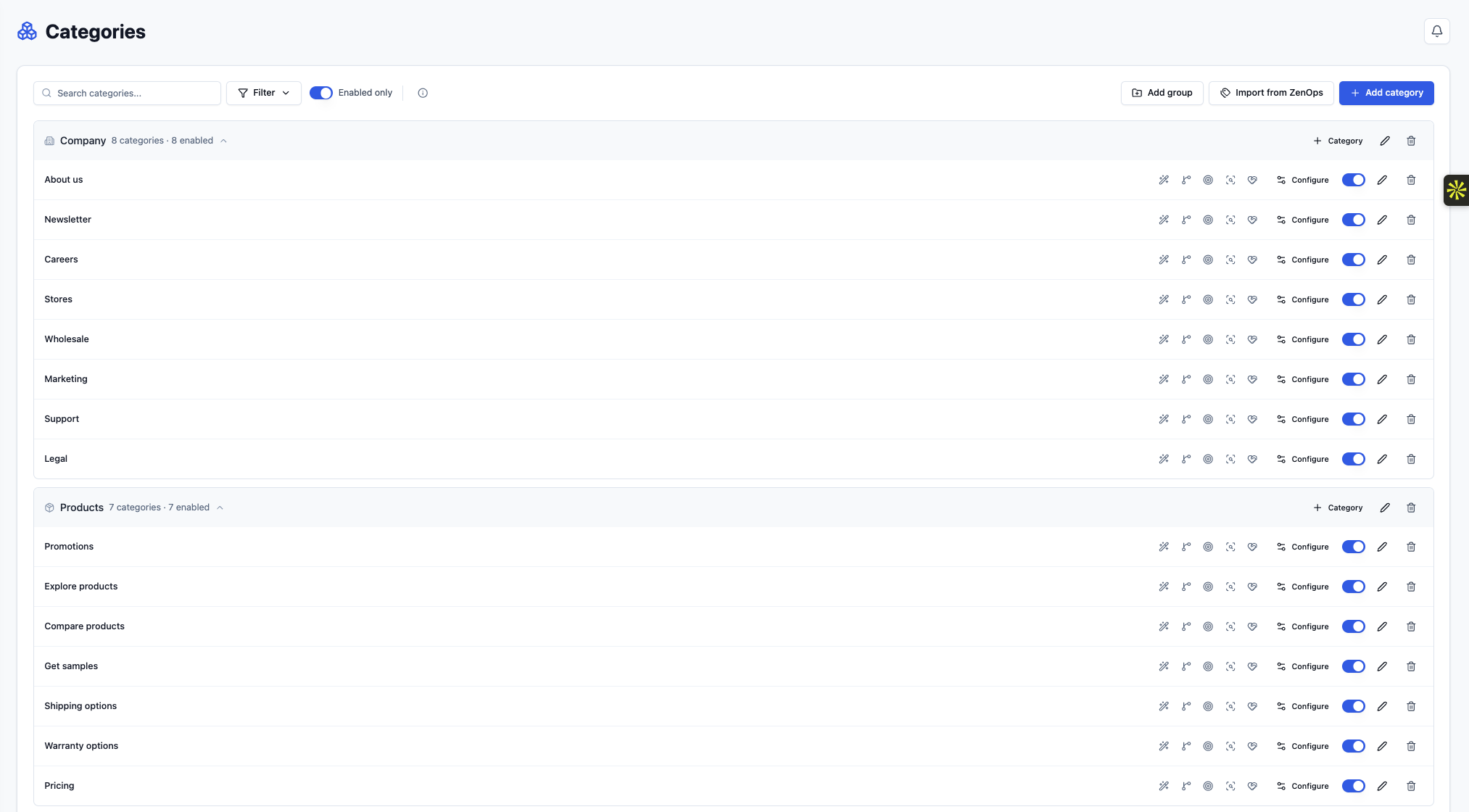 ZenOps Categories page with enabled Company and Products category groups, a category search field, an enabled-only filter, and category controls.