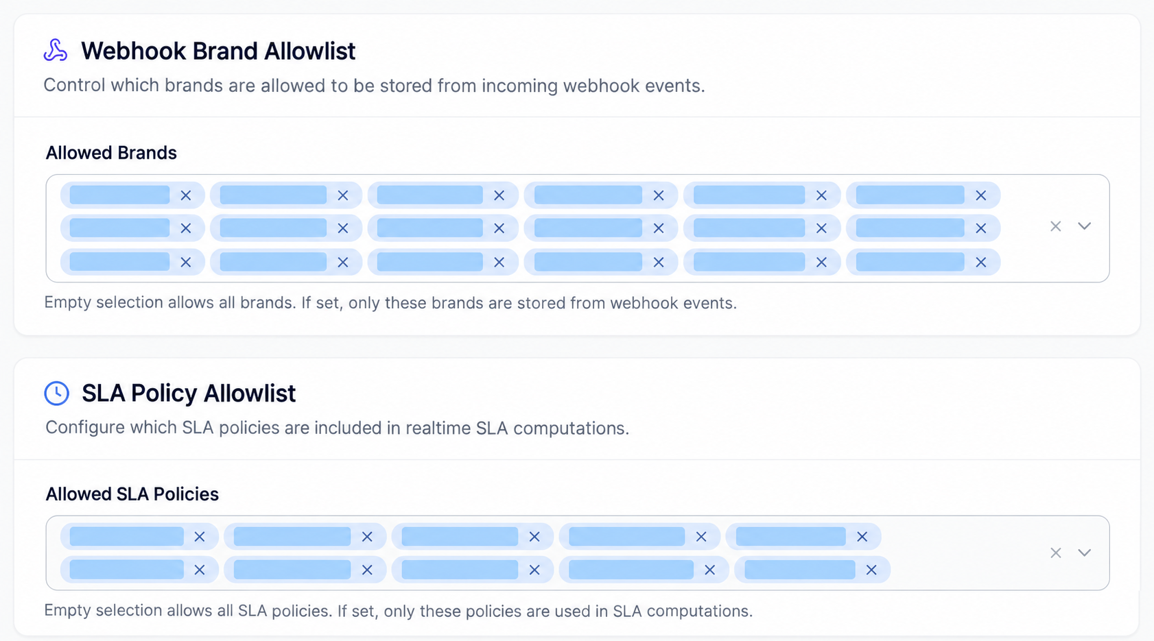 Anonymized Webhook Brand Allowlist and SLA Policy Allowlist selectors with selected brand and policy labels obscured.
