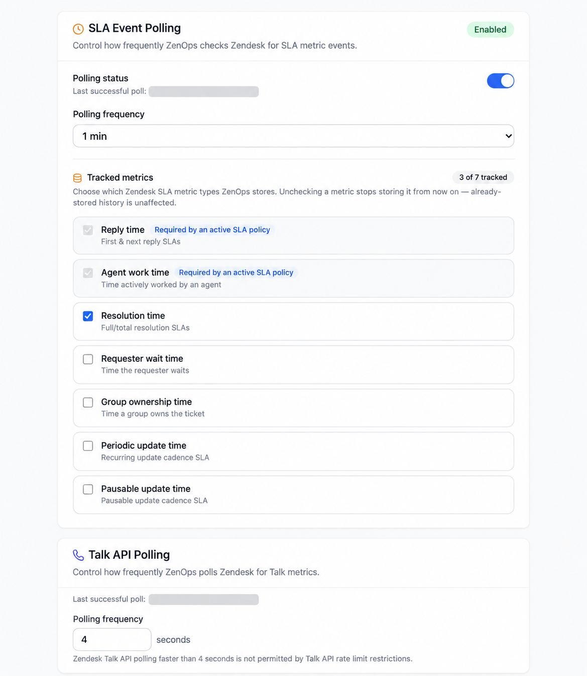 Anonymized SLA Event Polling and Talk API Polling cards showing status, frequency, tracked metrics, and obscured last-poll timestamps.