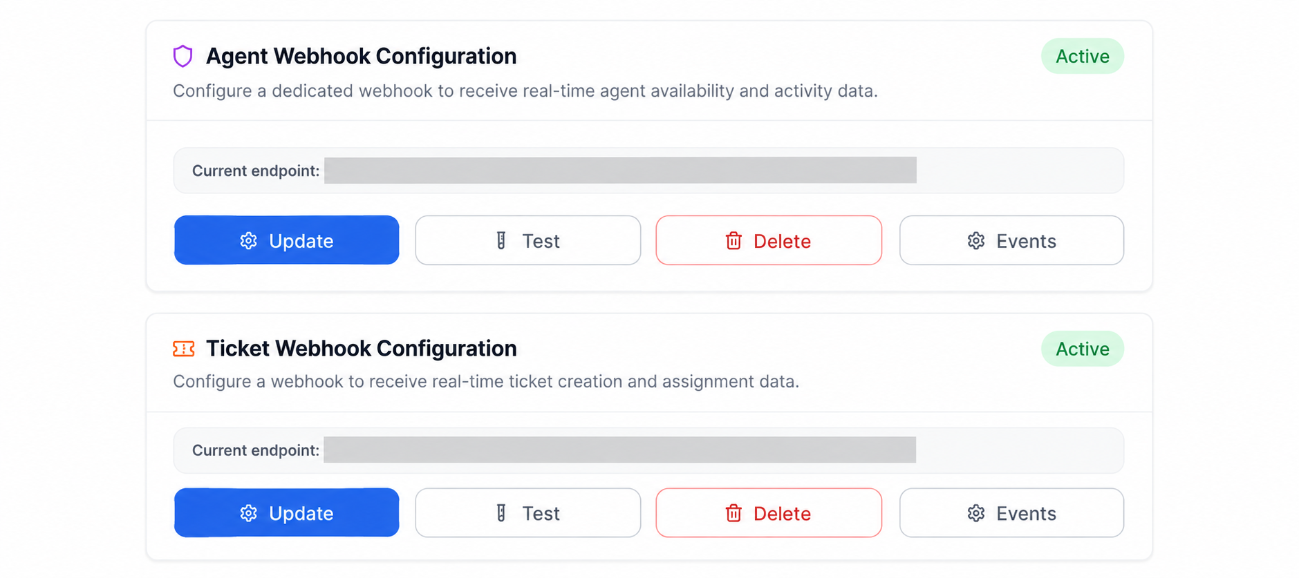 Anonymized agent and ticket webhook cards showing active status and Update, Test, Delete, and Events controls, with endpoint values obscured.