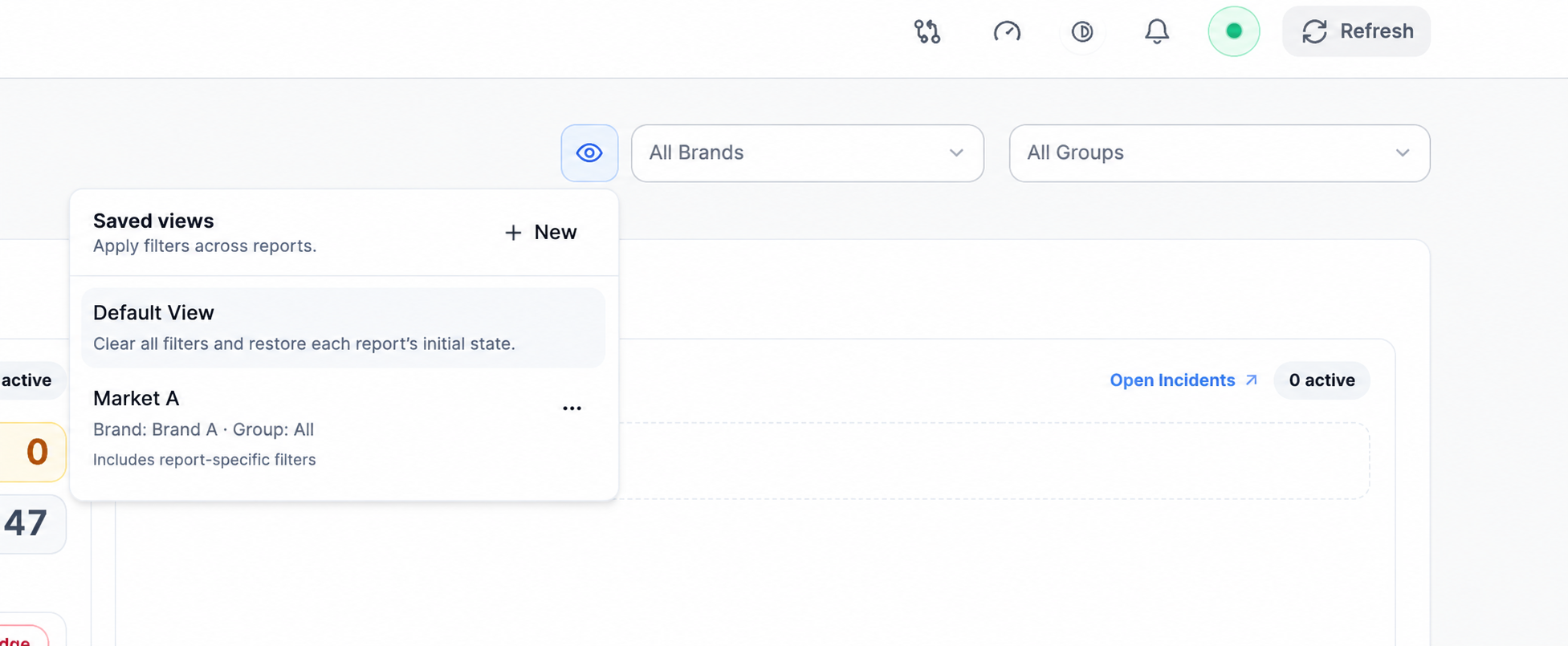 Anonymized Realtime Saved views menu with Default View, a Market A saved view, Brand A and Group All scope, and an indicator for report-specific filters.