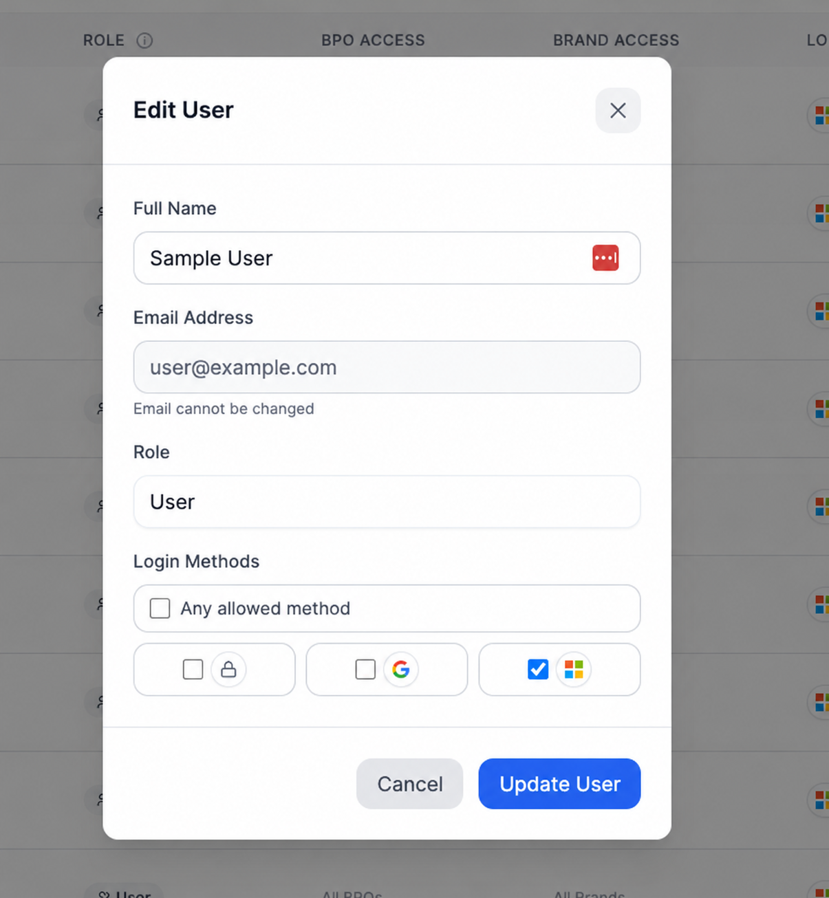 Anonymized Edit User dialog showing Any allowed method and individual Password, Google, and Microsoft options.