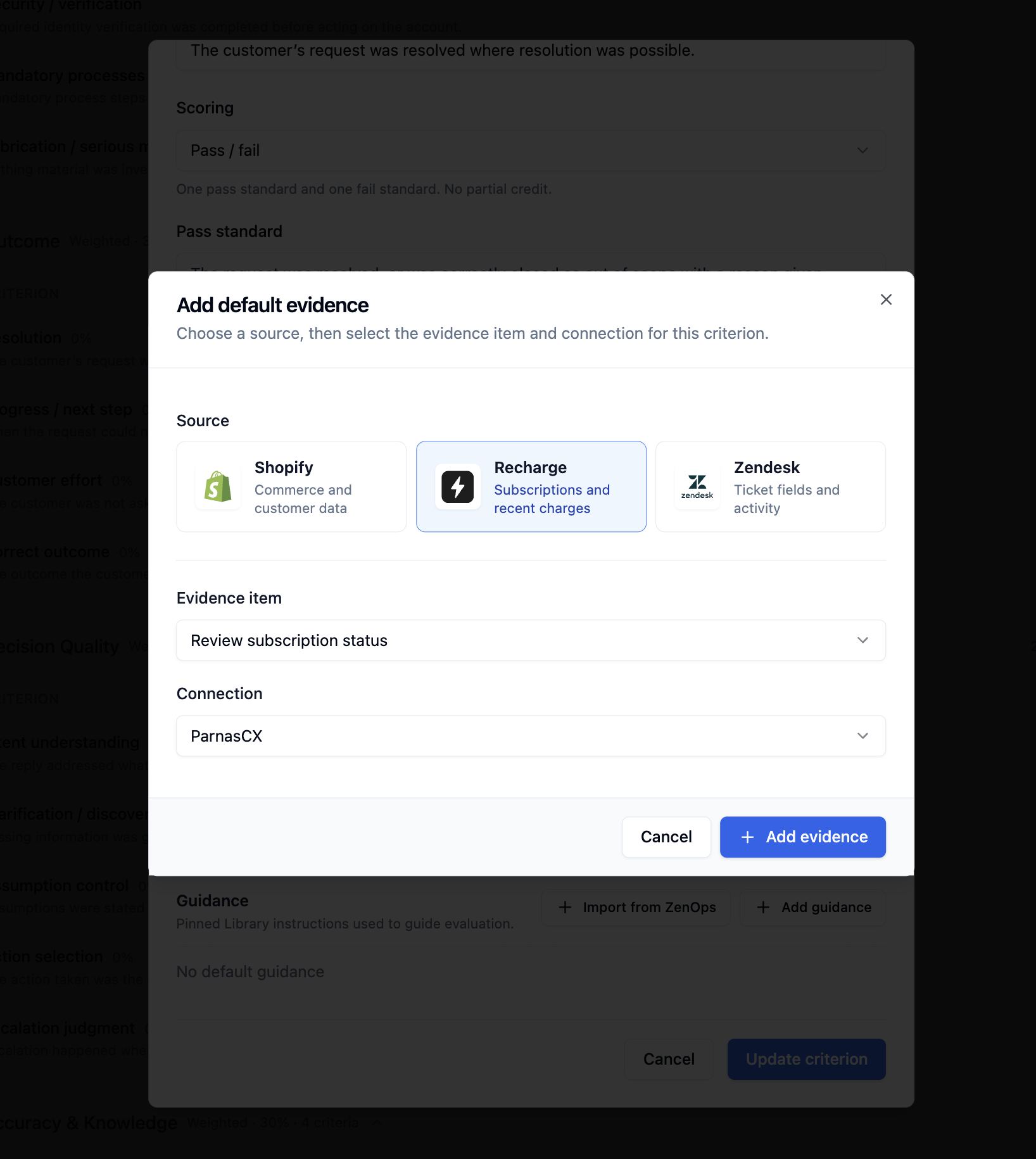 Add default evidence dialog with Recharge selected as the source, Review subscription status selected, and an example store chosen as the connection.