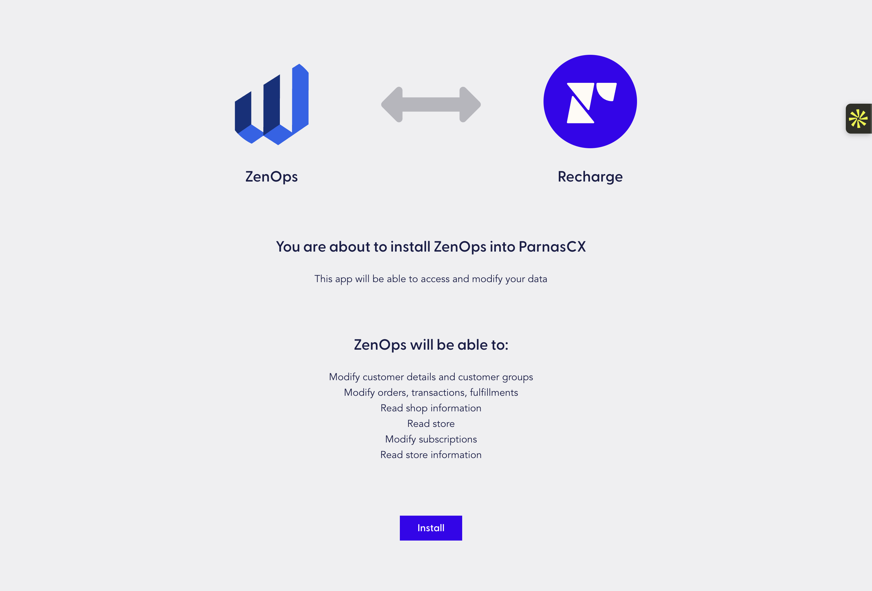 Shopify authorization prompt for installing ZenOps with Recharge, showing an example store name and permissions that include modifying customer, order, and subscription data.