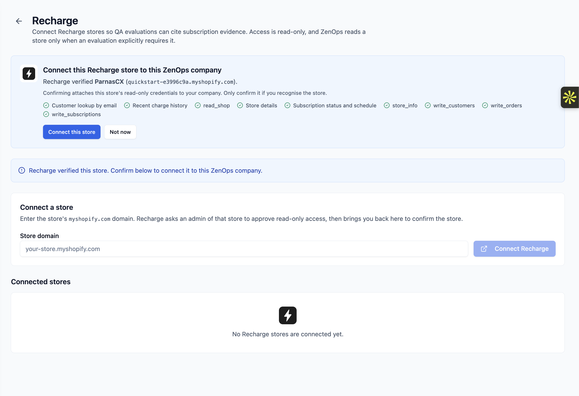 ZenOps confirmation panel identifying an example Shopify store, listing granted permissions, and offering Connect this store.