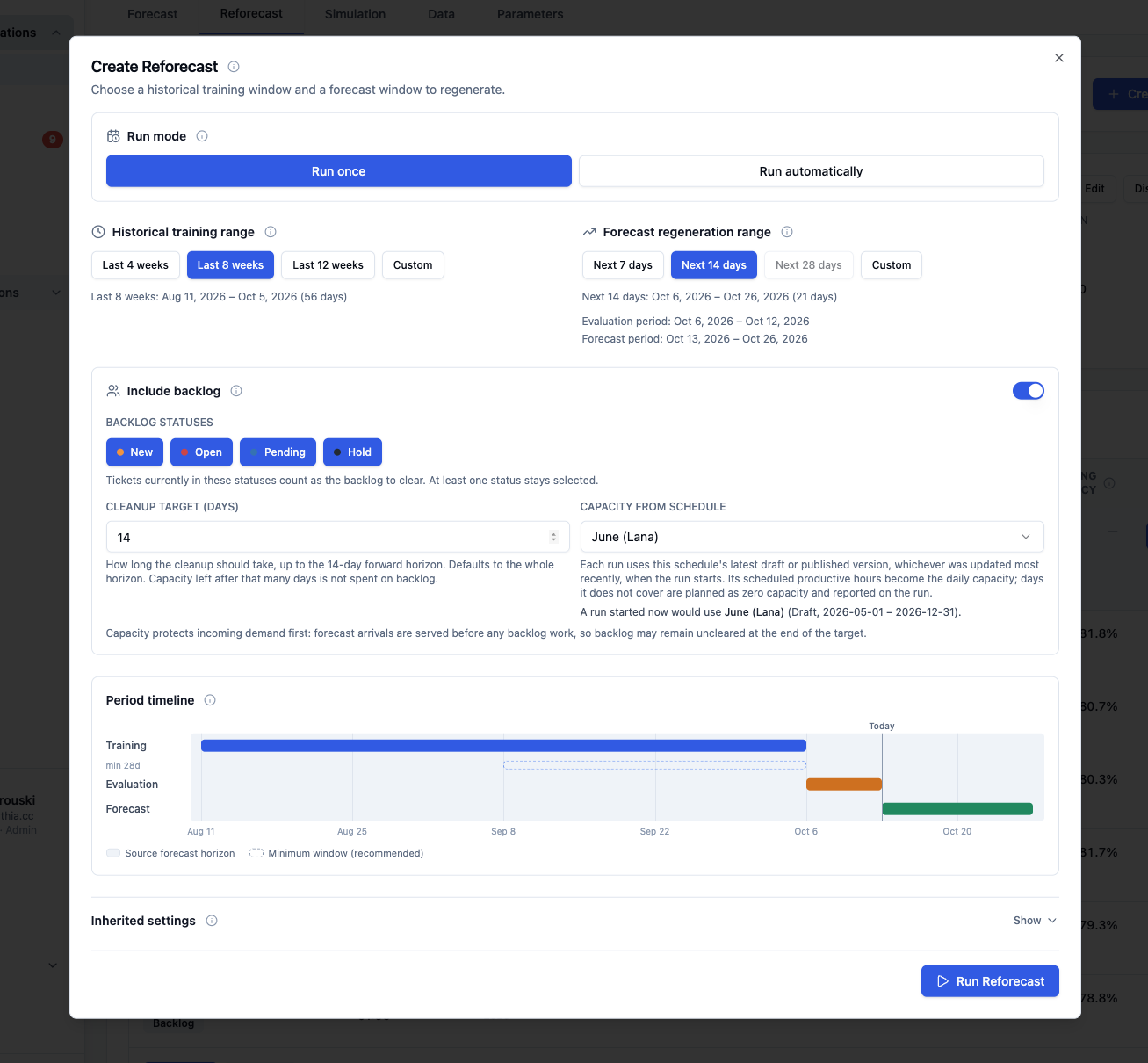 Create Reforecast dialog with Run once selected, historical training and forecast ranges, backlog enabled with selected statuses and schedule capacity, period timeline, and Run Reforecast button.