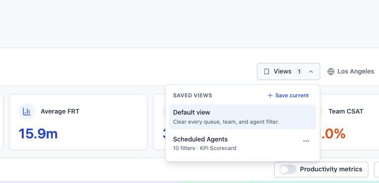 Reporting dashboard with the Saved views menu open, showing Default view, the saved Scheduled Agents view, and Save current.