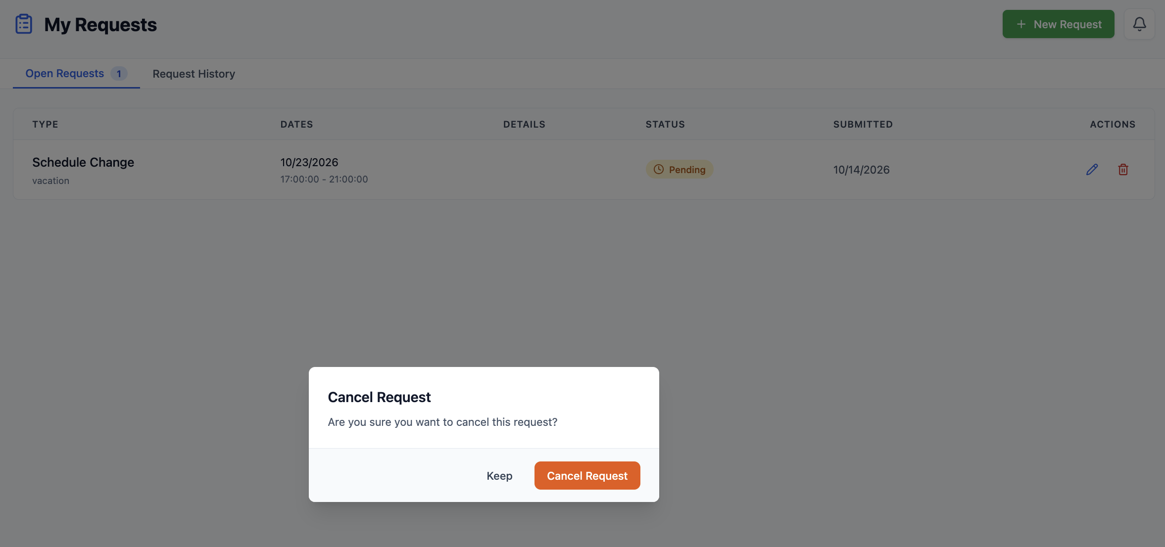 My Requests page dimmed behind a Cancel Request confirmation dialog, with Keep and Cancel Request actions.