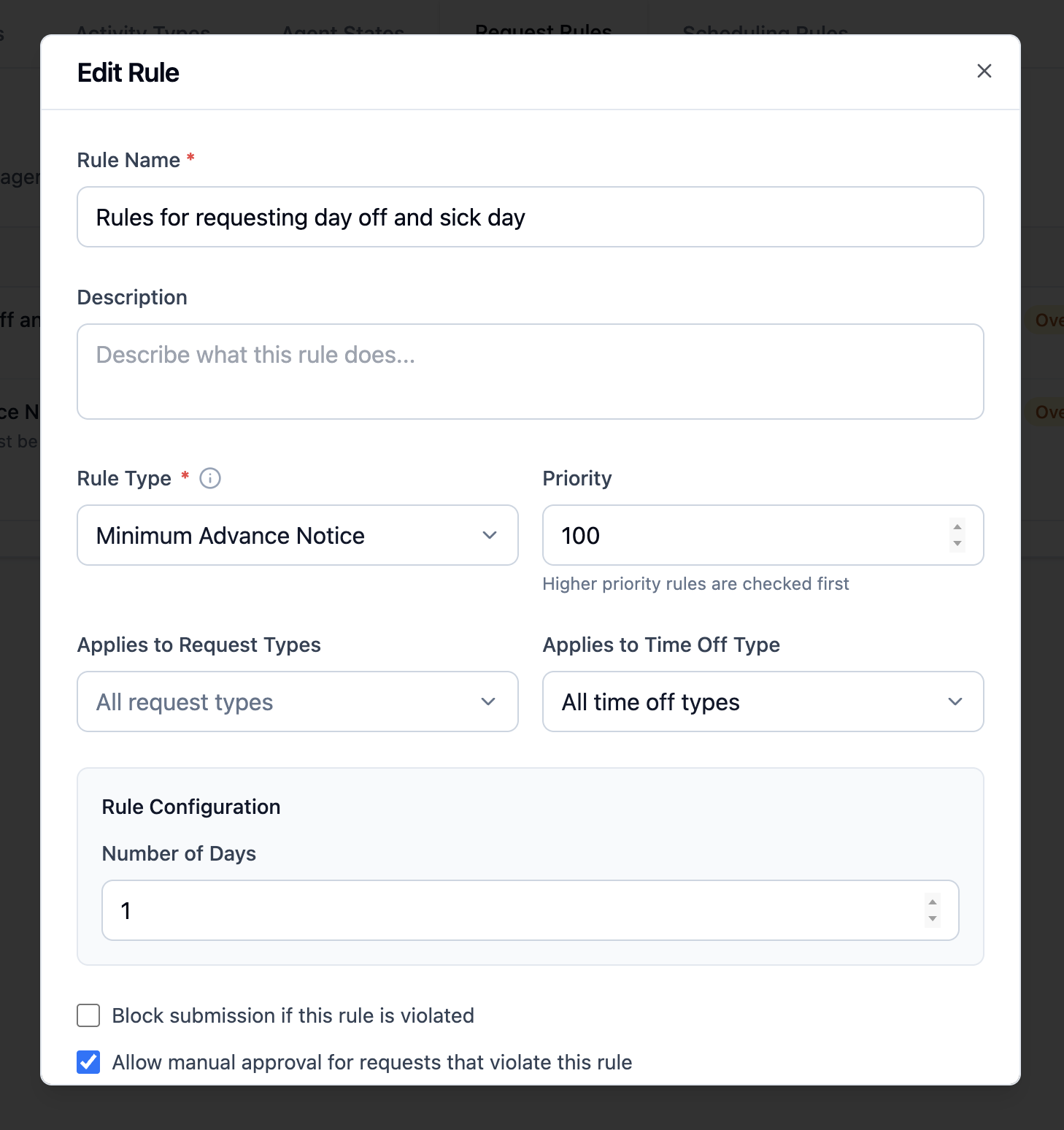 Edit Rule form showing the rule name, Minimum Advance Notice type, priority 100, request and time off scopes, number of days, and block and manual approval options.