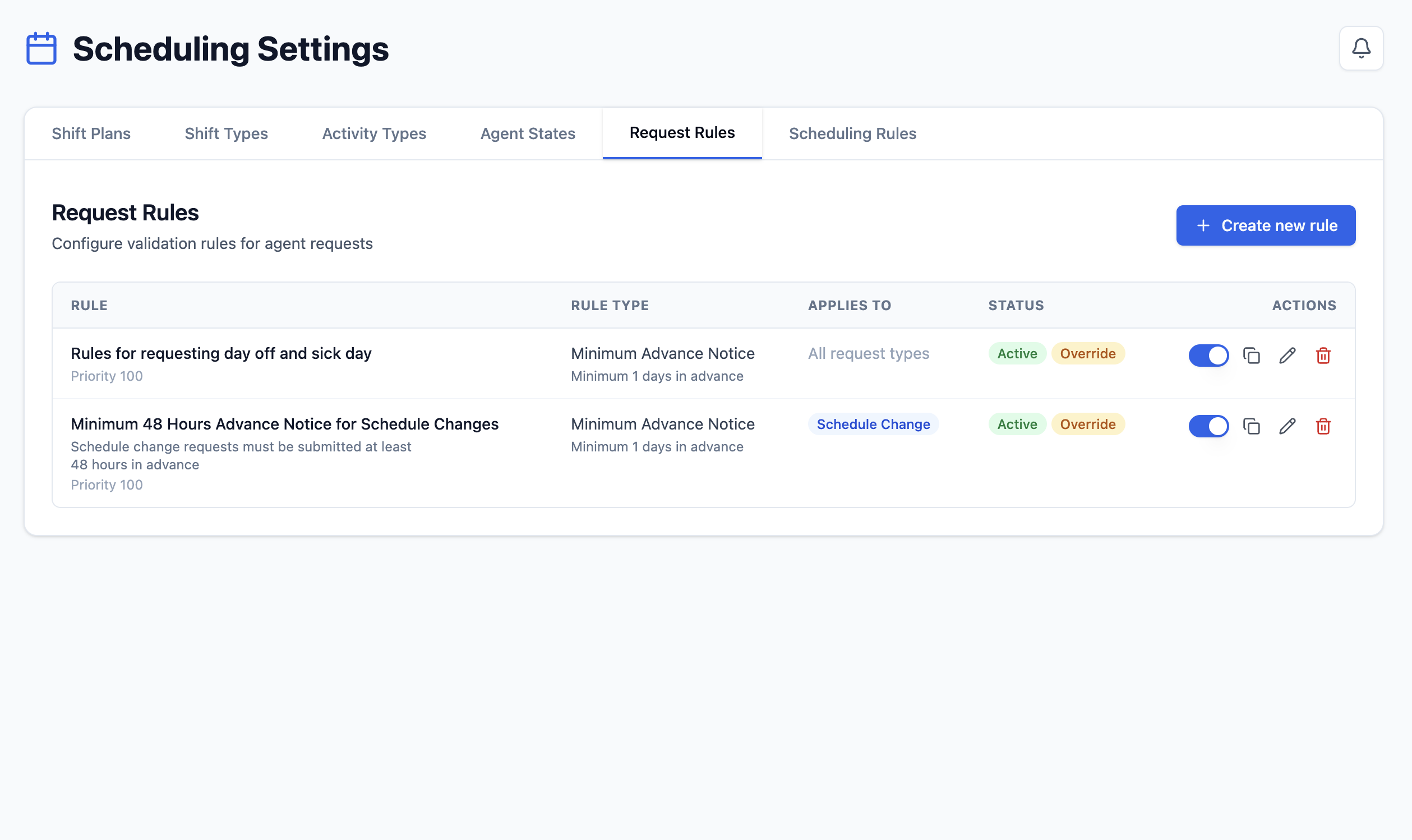 Scheduling Settings with Request Rules selected and two active minimum advance notice rules, with their scopes, priorities, and actions.