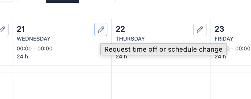 My Schedule day columns with the pencil control for requesting time off or a schedule change highlighted.