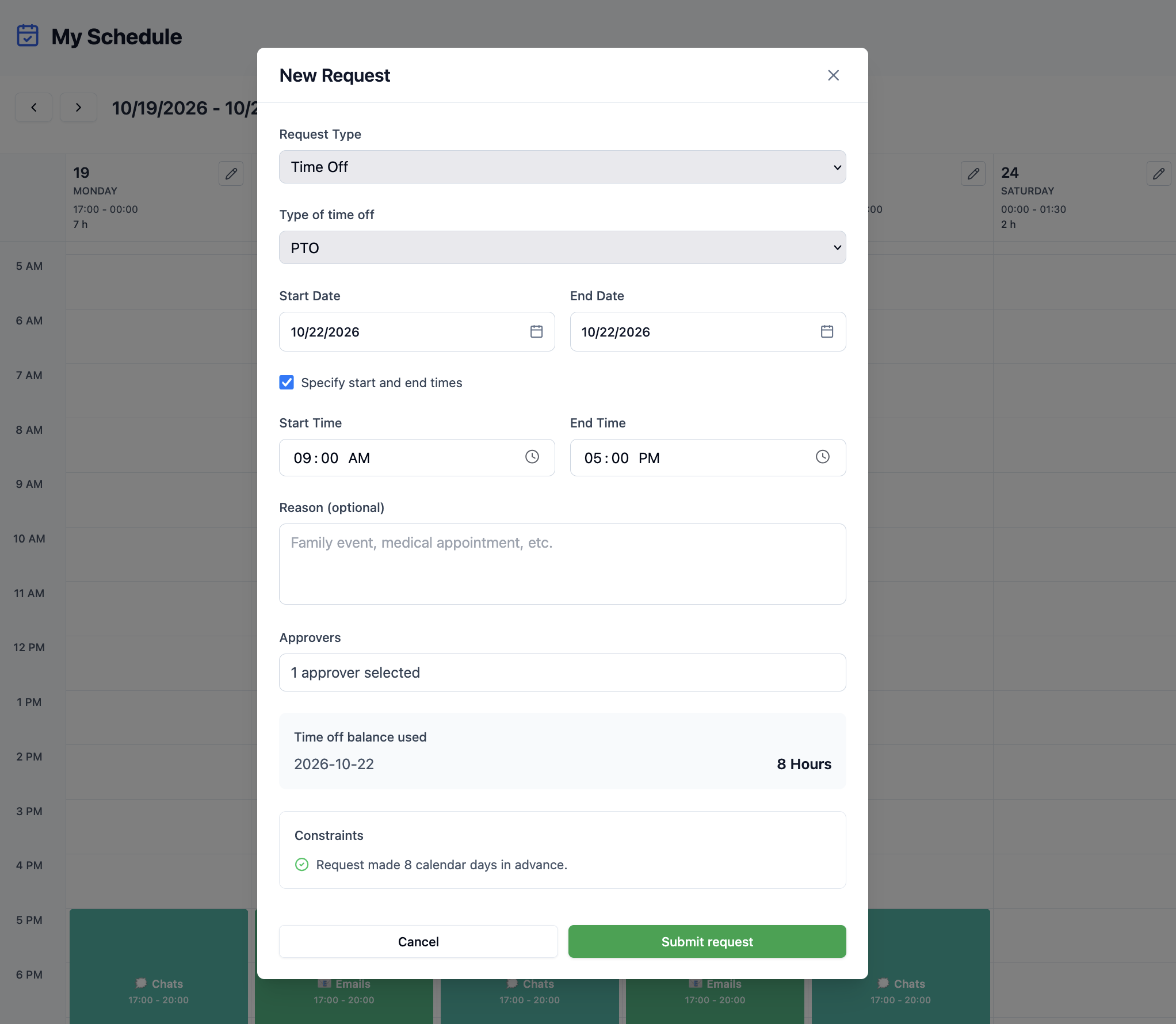 My Schedule with a New Request dialog configured for time off, showing a PTO type, dates and times, optional reason, approvers, time-off balance, constraints, and Submit request action.