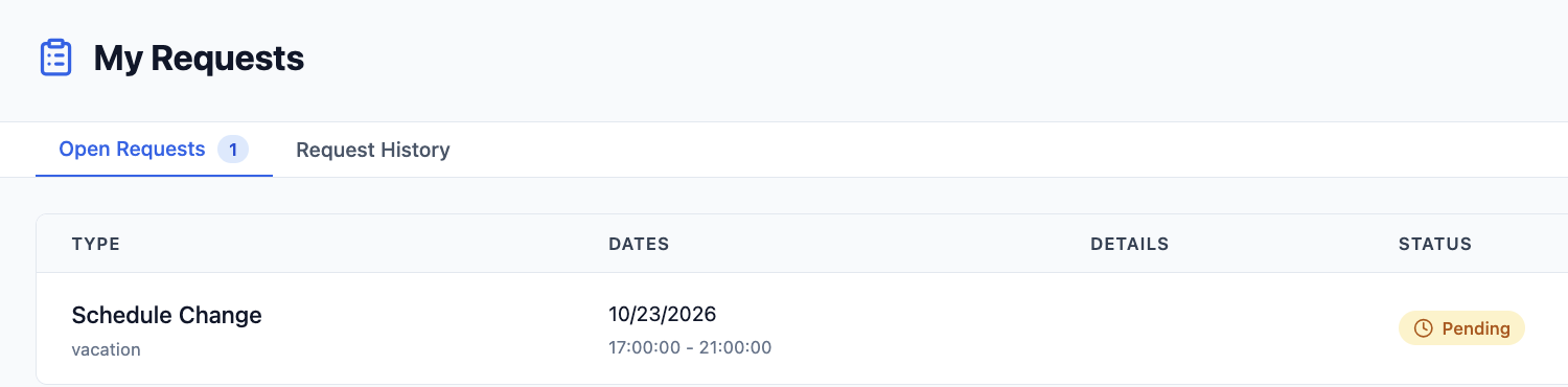 My Requests with Open Requests selected and a Schedule Change row showing its date, details, and Pending status.