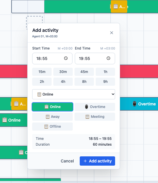 Add activity dialog with Agent 01 anonymized, activity type options, start and end times, and Add activity.
