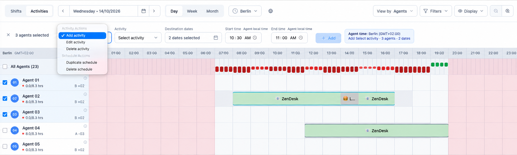 ZenOps WFM schedule planner with three generic agent rows selected and the bulk Activity Actions menu open.