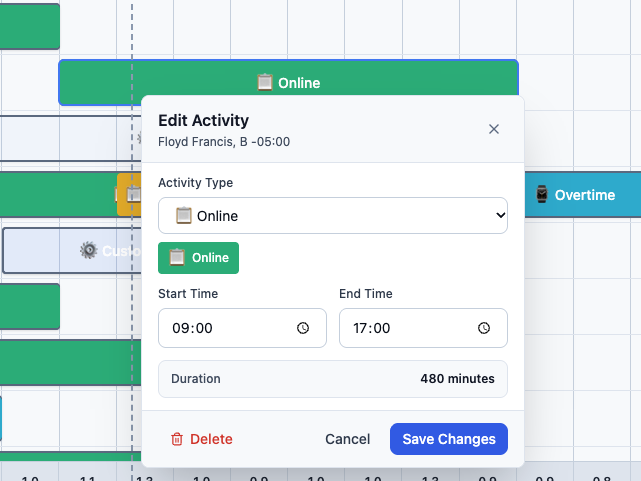 Edit Activity dialog over the scheduling grid with Activity Type, Start Time, End Time, Delete, Cancel, and Save Changes controls.