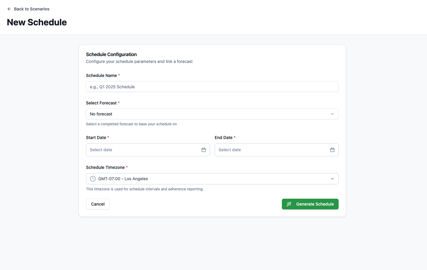 New Schedule configuration form with schedule name, forecast, date range, timezone, and Generate Schedule button.