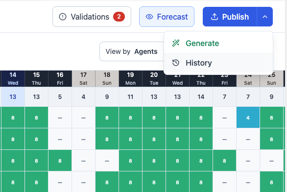 Schedule toolbar menu beside Publish with Generate and History options.