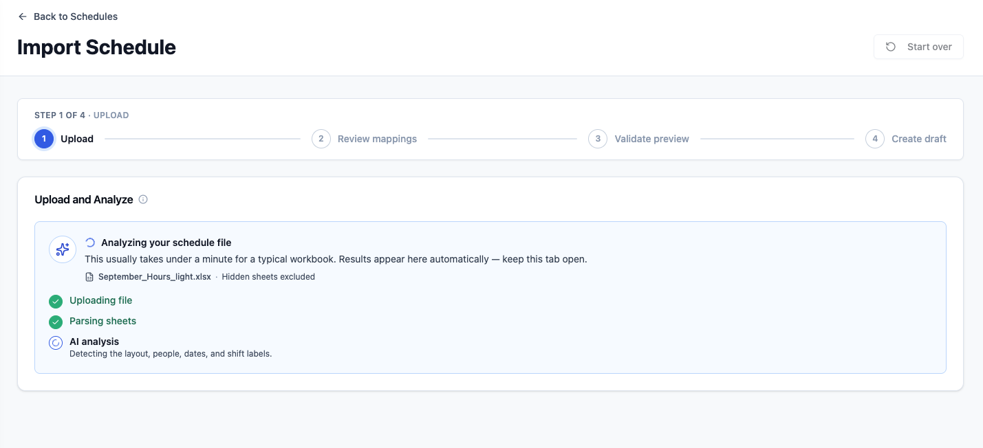 Import Schedule analysis progress showing upload and parsing complete while AI analysis continues.