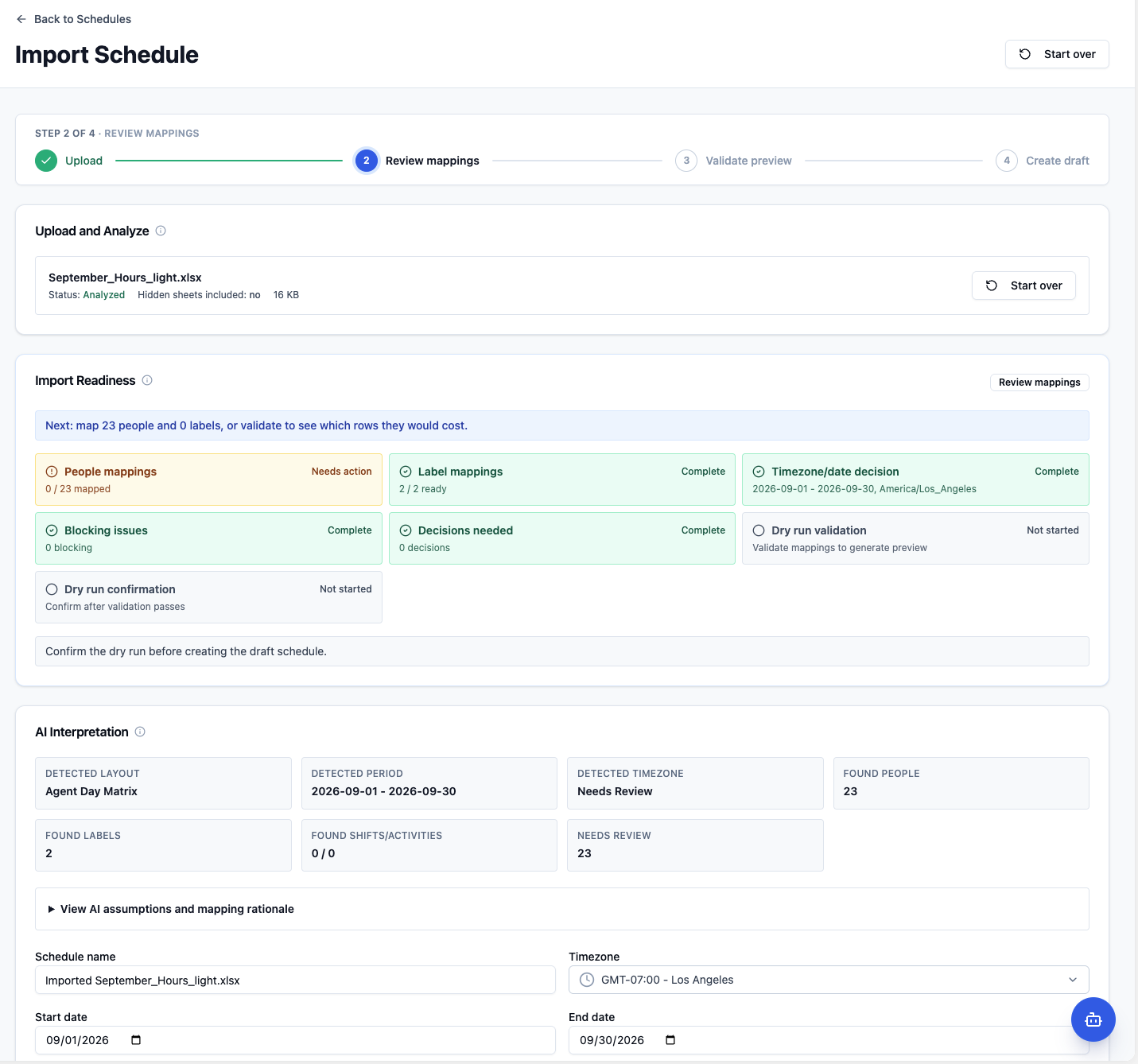 Import Schedule review mappings step with readiness checks, AI interpretation, schedule name, timezone, and dates.