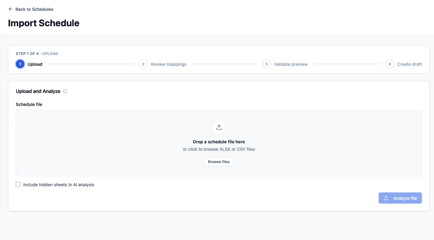 Import Schedule upload step with file drop area, hidden-sheet option, and Analyze file button.