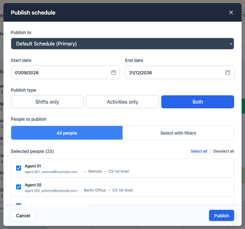 Publish schedule dialog with a date range, Both publish type, all people selected, and anonymized agent names and email addresses.