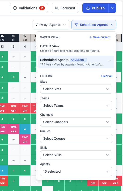 Scheduling planner Filters panel showing Saved Views, a Scheduled Agents view, Save current, and the Sites, Teams, Channels, Queues, Skills, and Agents filters.