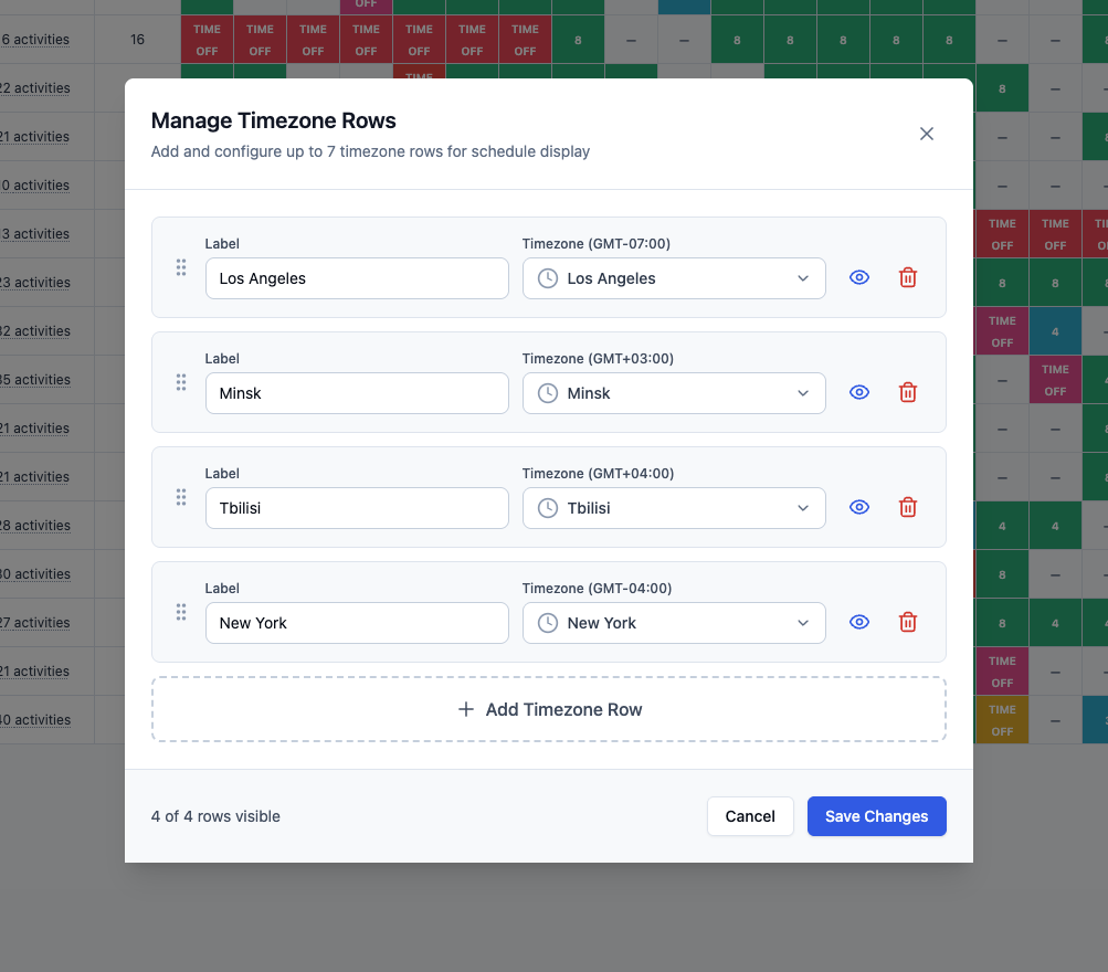 Manage Timezone Rows dialog with Los Angeles, Minsk, Tbilisi, and New York timezone rows, visibility controls, and Add Timezone Row.