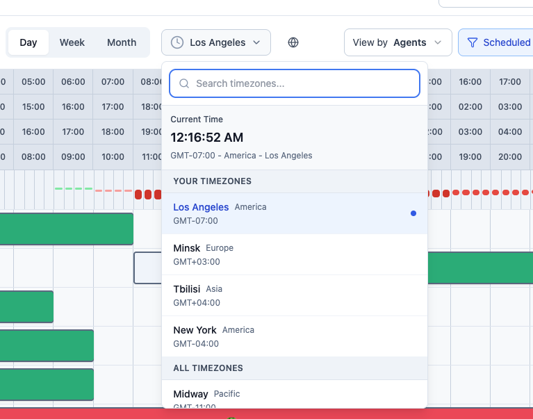 The planner Timezone dropdown is open beside the Day, Week, and Month controls, showing the current time, saved timezone rows, and a searchable timezone list.