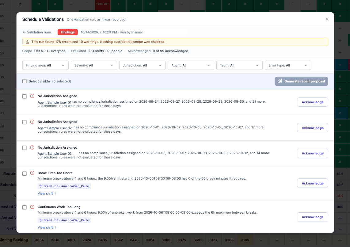 Validation run details with error and warning totals, scope, evaluation count, filters, and three anonymized agent findings.