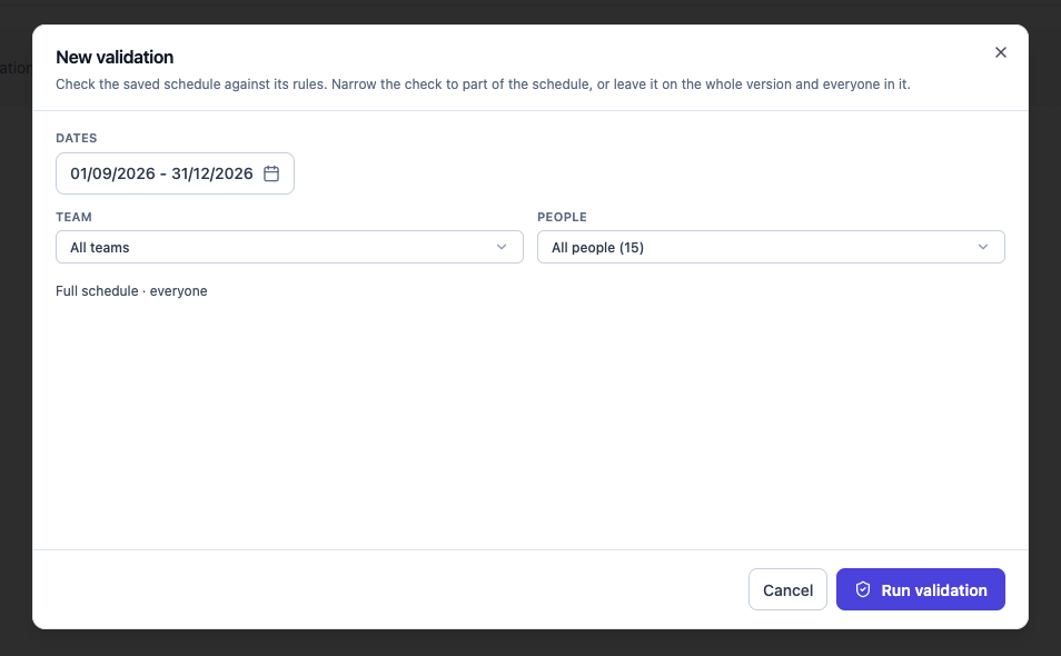New validation dialog showing the schedule date range, All teams, All people, the Full schedule scope summary, and the Run validation button.