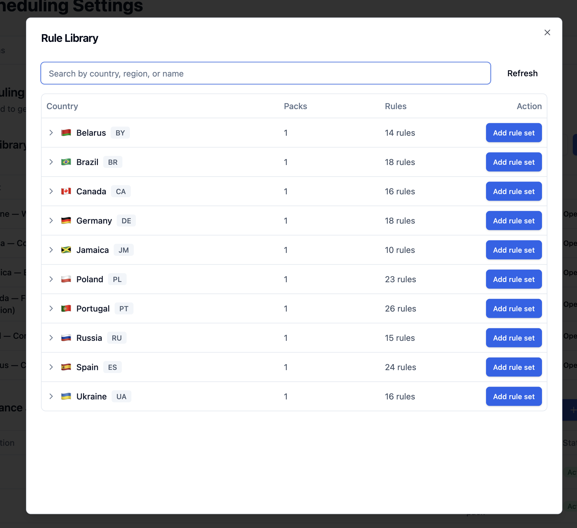 Rule Library dialog with a search field and country rows showing pack counts, rule counts, and Add rule set buttons.