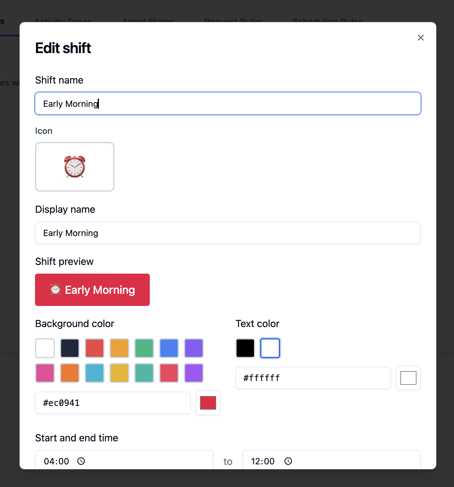 Edit shift dialog showing the Early Morning name, icon, display name, preview, color, and start and end time fields.